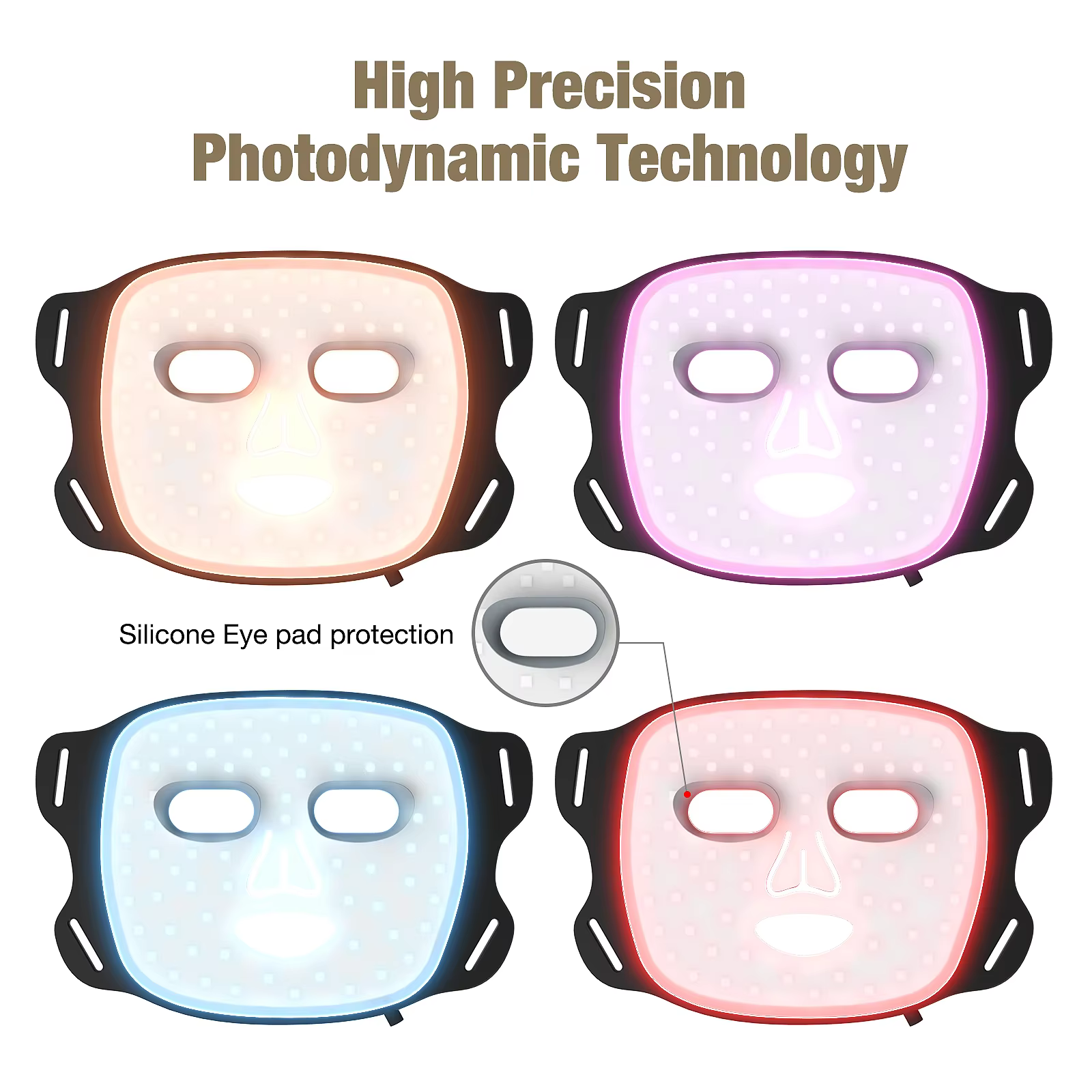 Four LED eye masks with different color lights and a silicone eye pad on a white background.