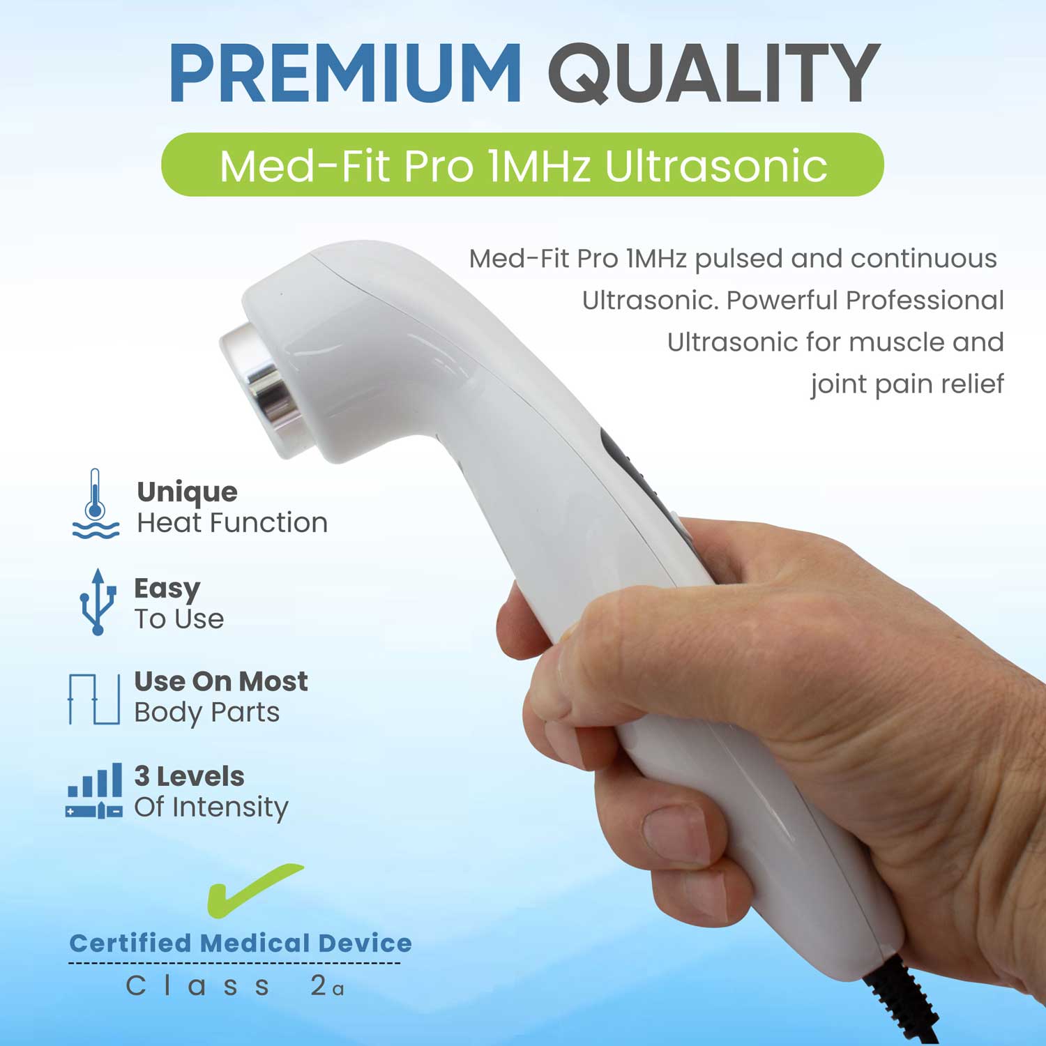 Med-Fit Pro 1MHz Ultrasonic device held in a hand with product details on a blue background