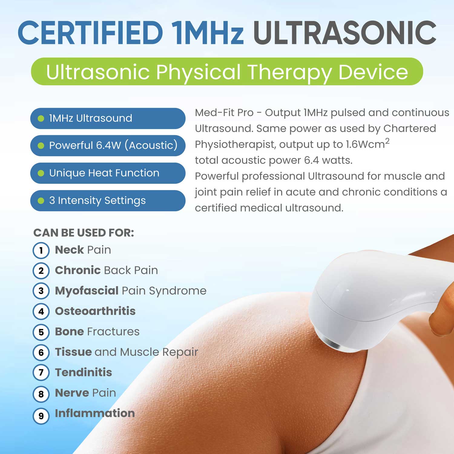 Certified 1MHz Ultrasonic Physical Therapy Device with user applying device to shoulder