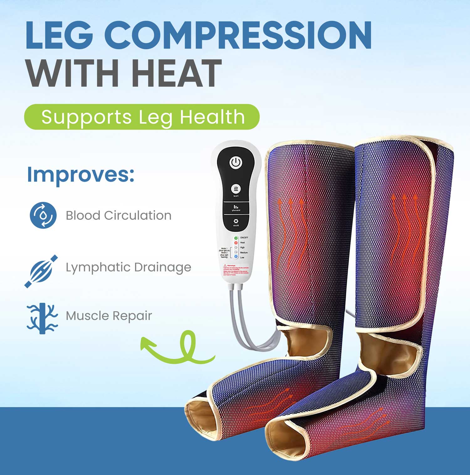 Leg compression device with heat therapy on a blue background