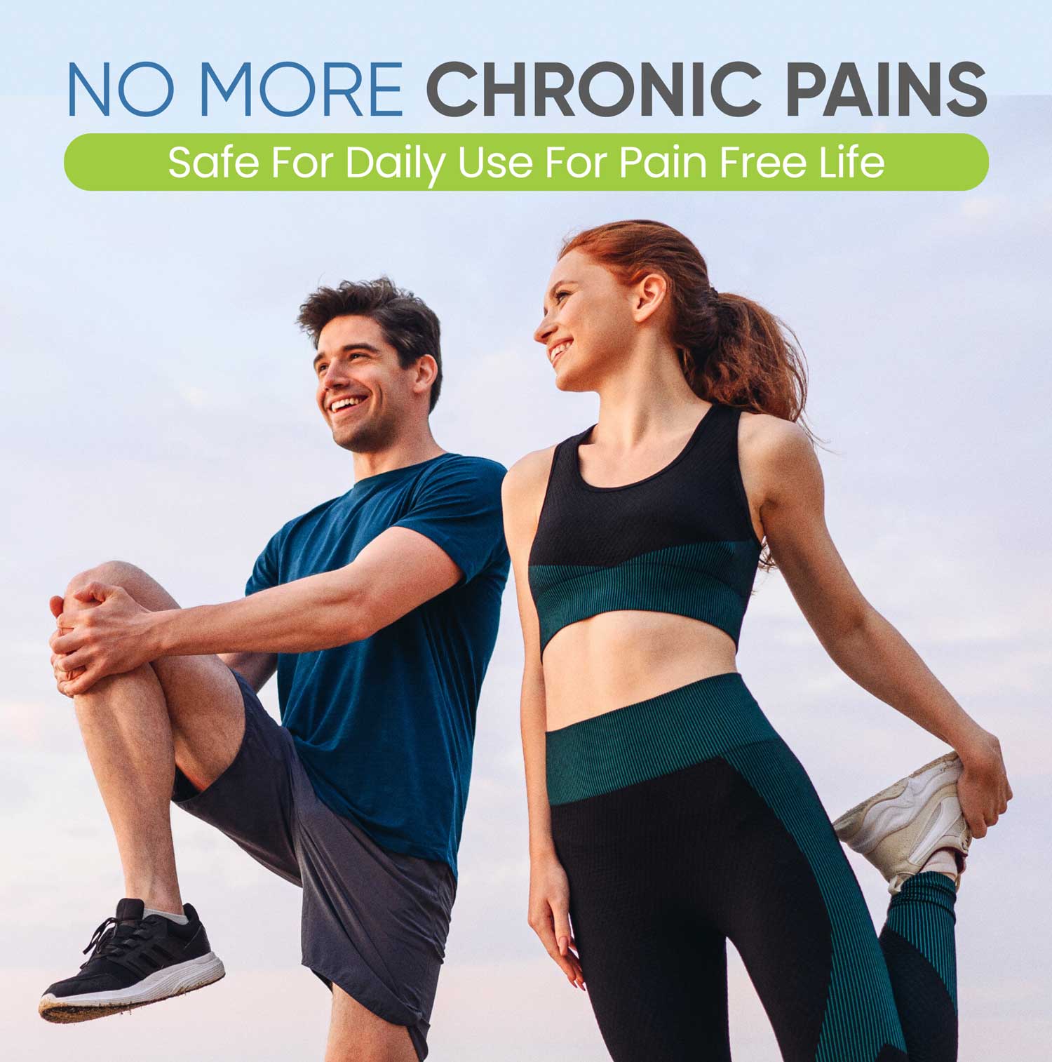 Two people in athletic wear with text about chronic pain relief on a light background