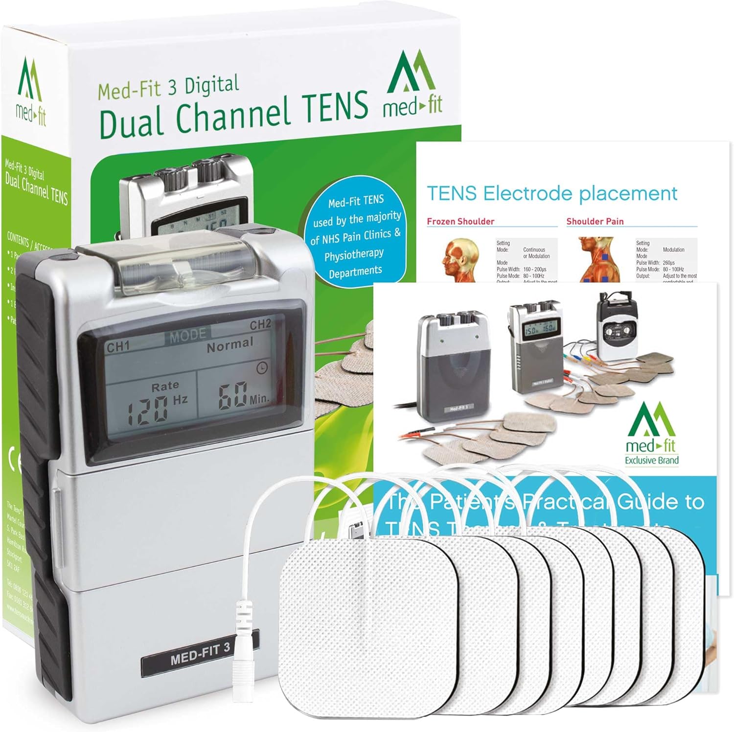 Med-Fit 3 Digital Dual Channel TENS unit with packaging and electrodes on a white background