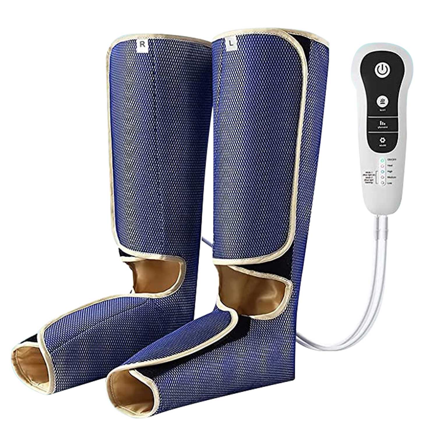 Blue massage leg wraps with a control device on a white background
