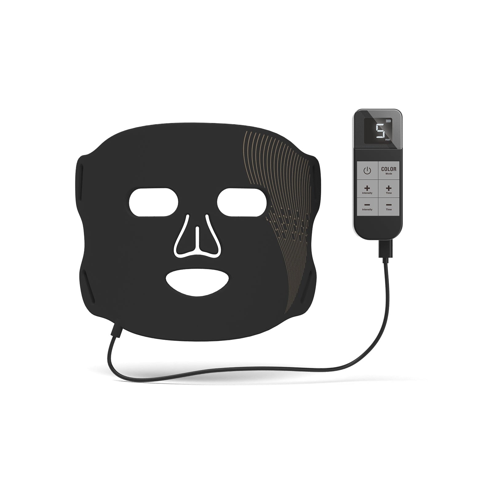 Black facial mask with electronic control panel on a white background