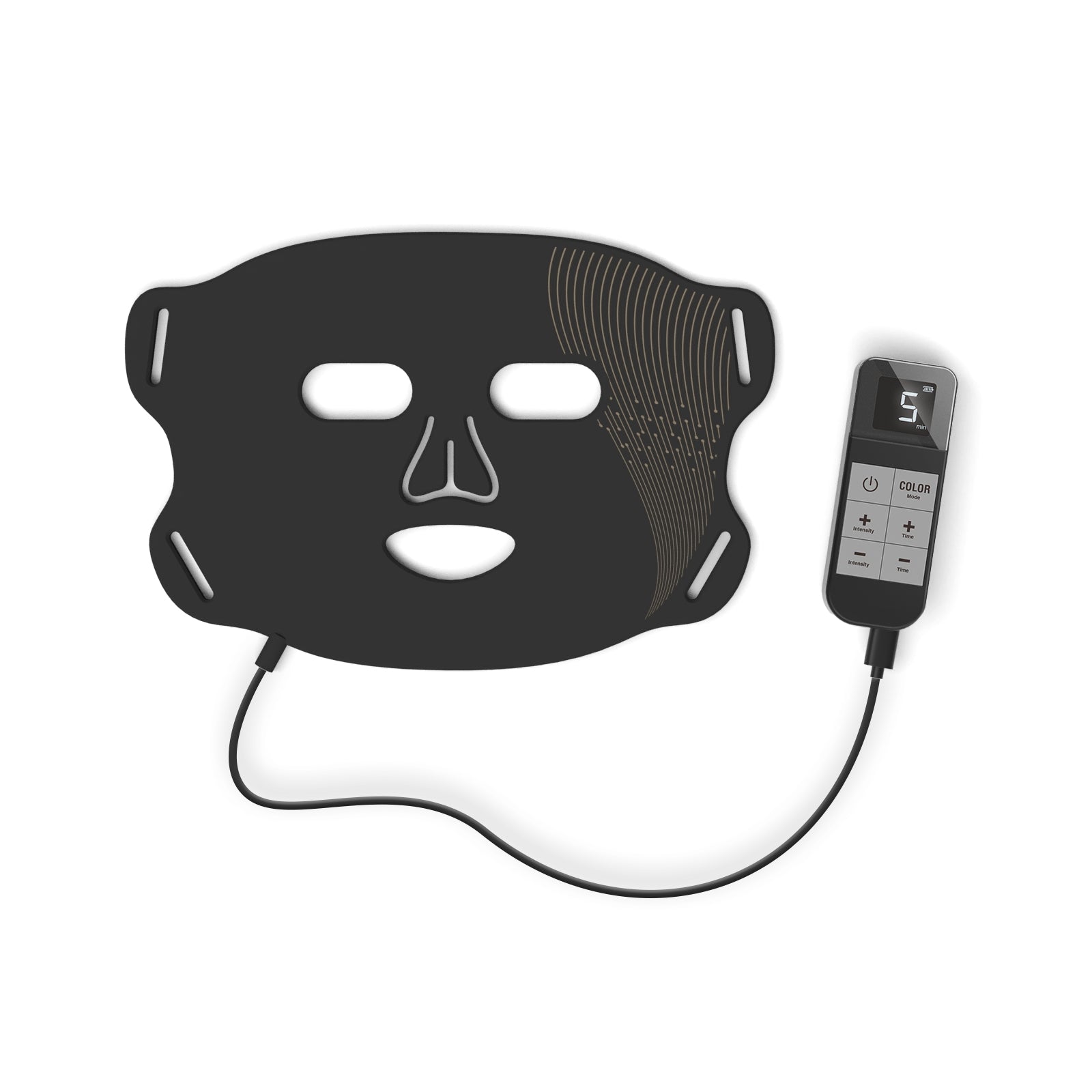 Black face mask with white cable and digital controller on a white background