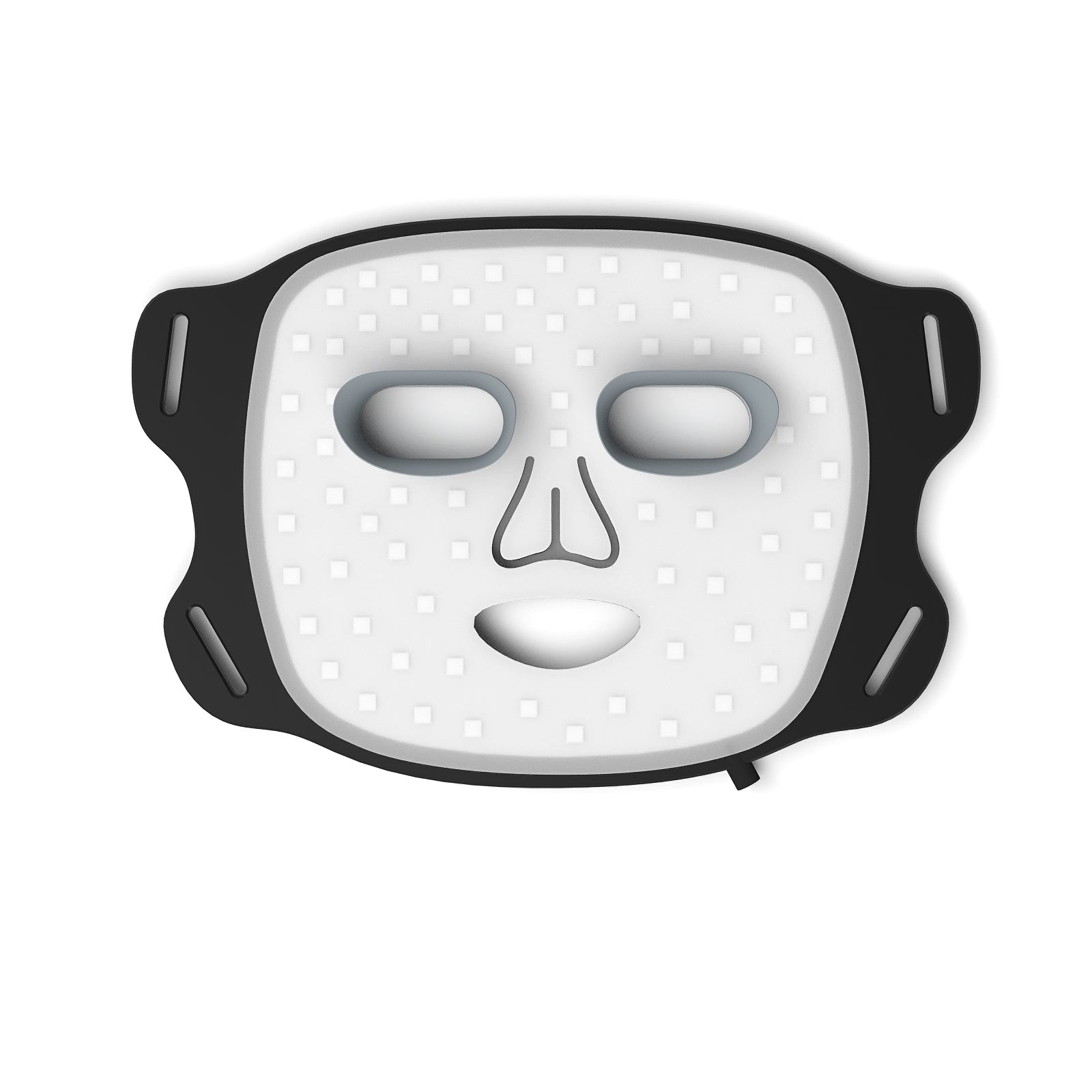 LED face mask with black frame and white face design on a white background