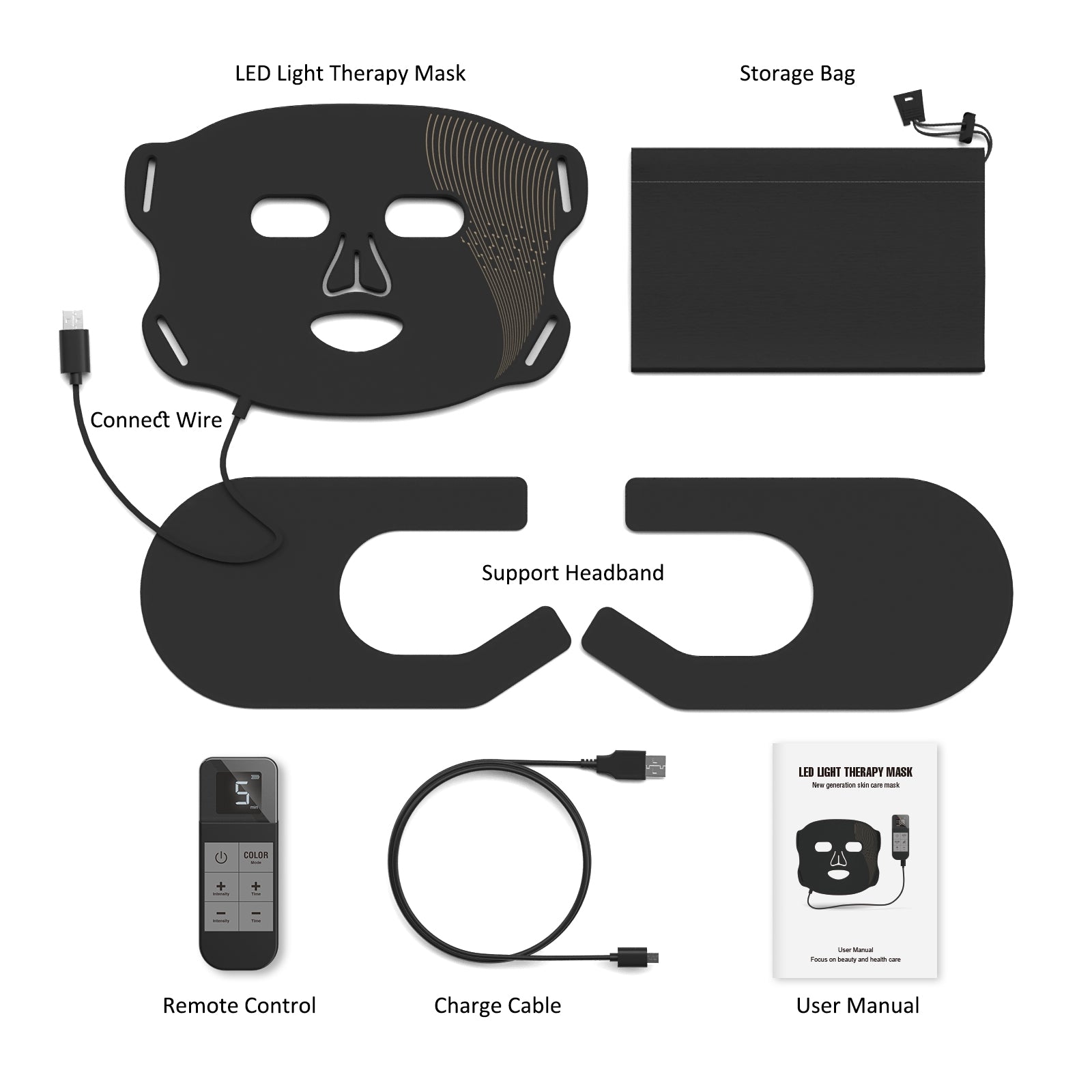 LED Light Therapy Mask set with storage bag, support headband, remote control, charge cable, and user manual on a white background.