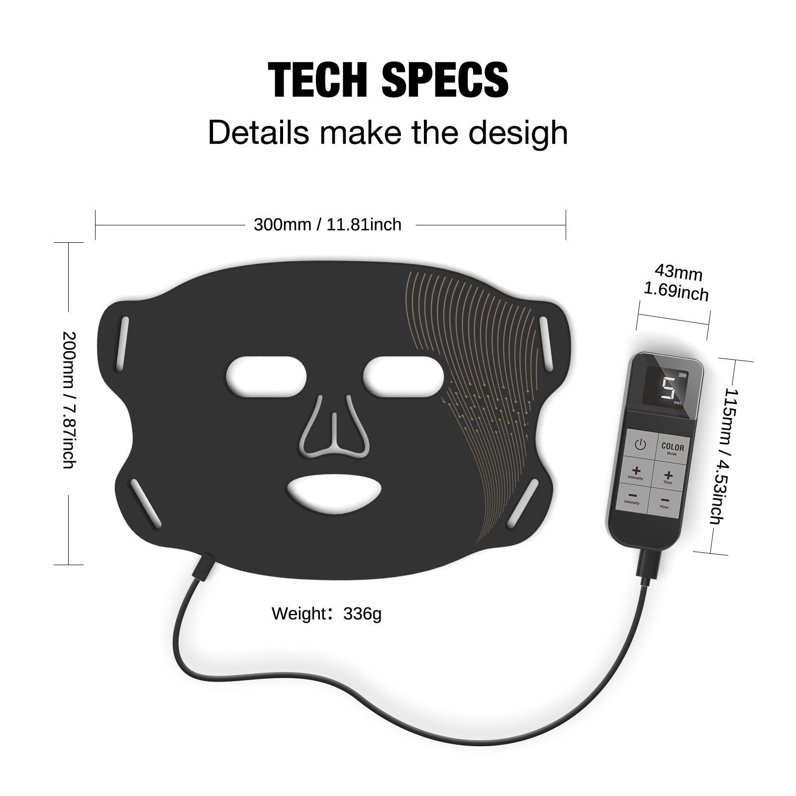 Black face mask with measurements and details on a white background