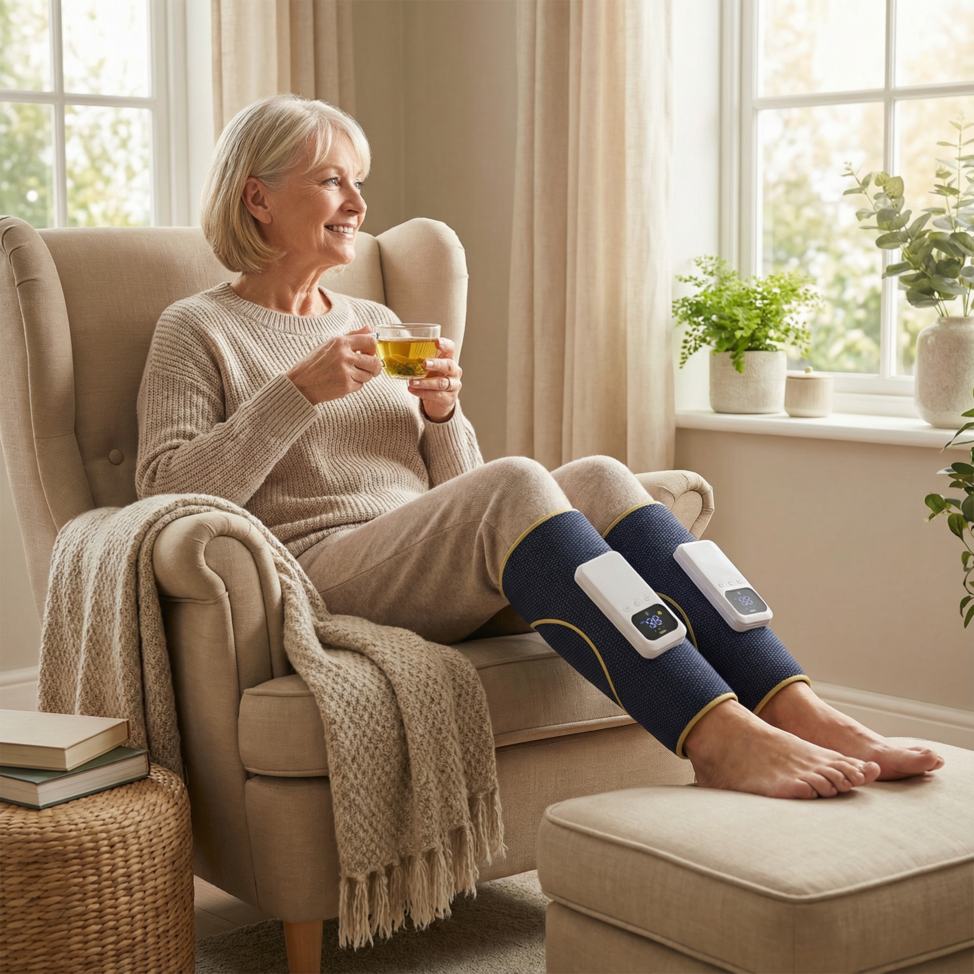 Woman sitting in a chair with leg massagers, holding a drink, in a cozy living room.