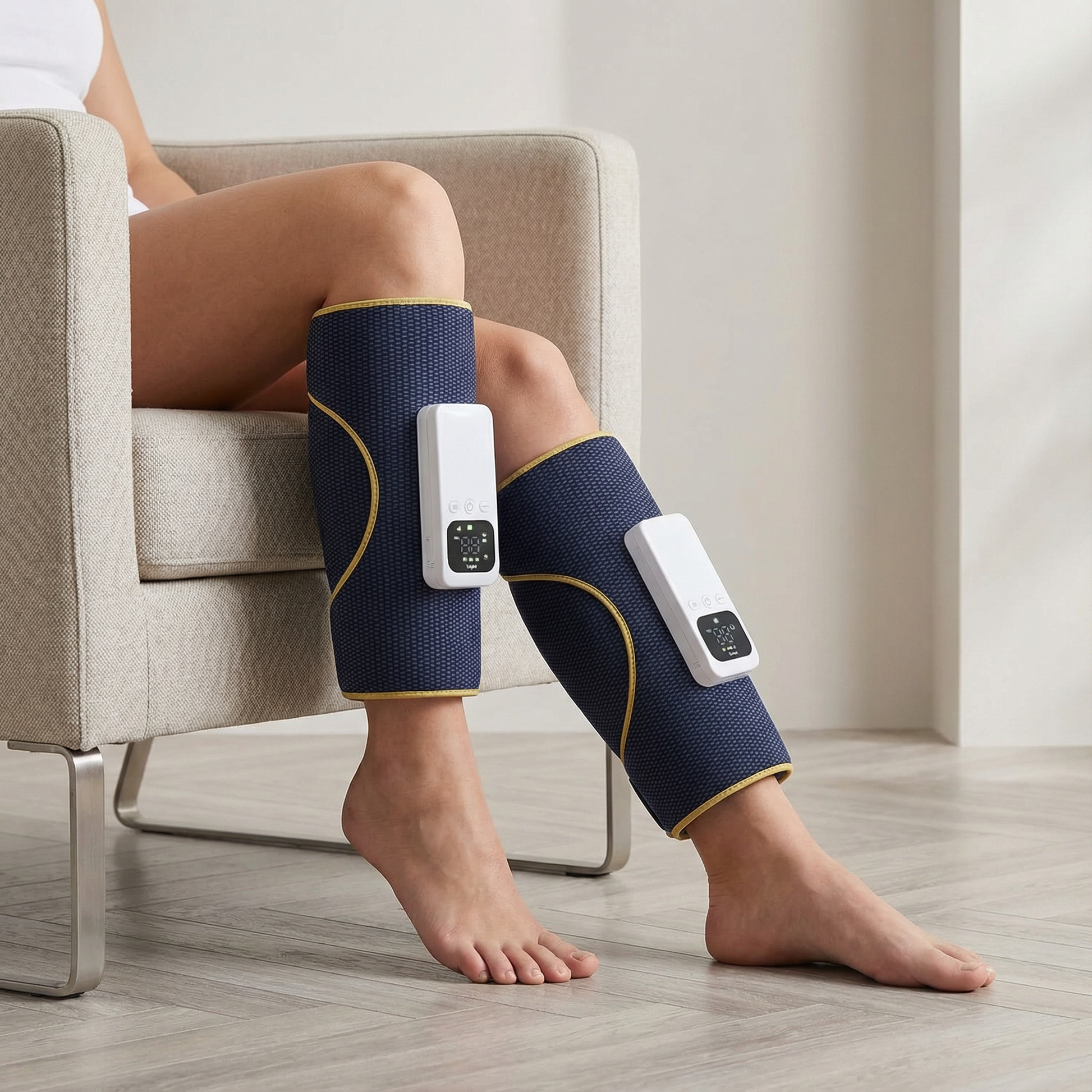 Person using a leg massager on a chair with a neutral background