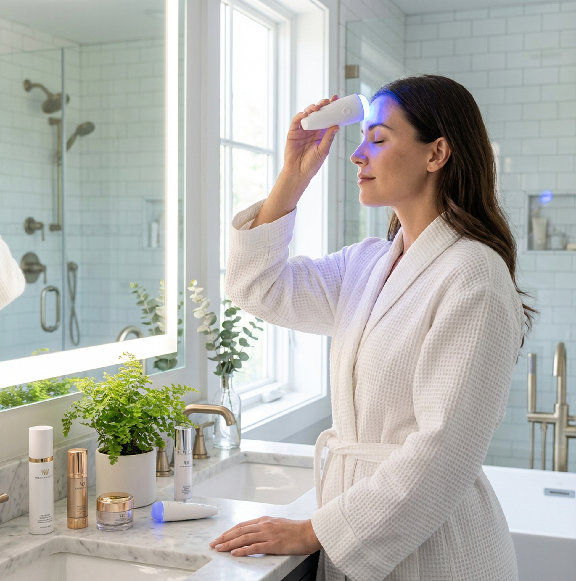 Woman in a bathrobe using a skincare device in a bathroom.