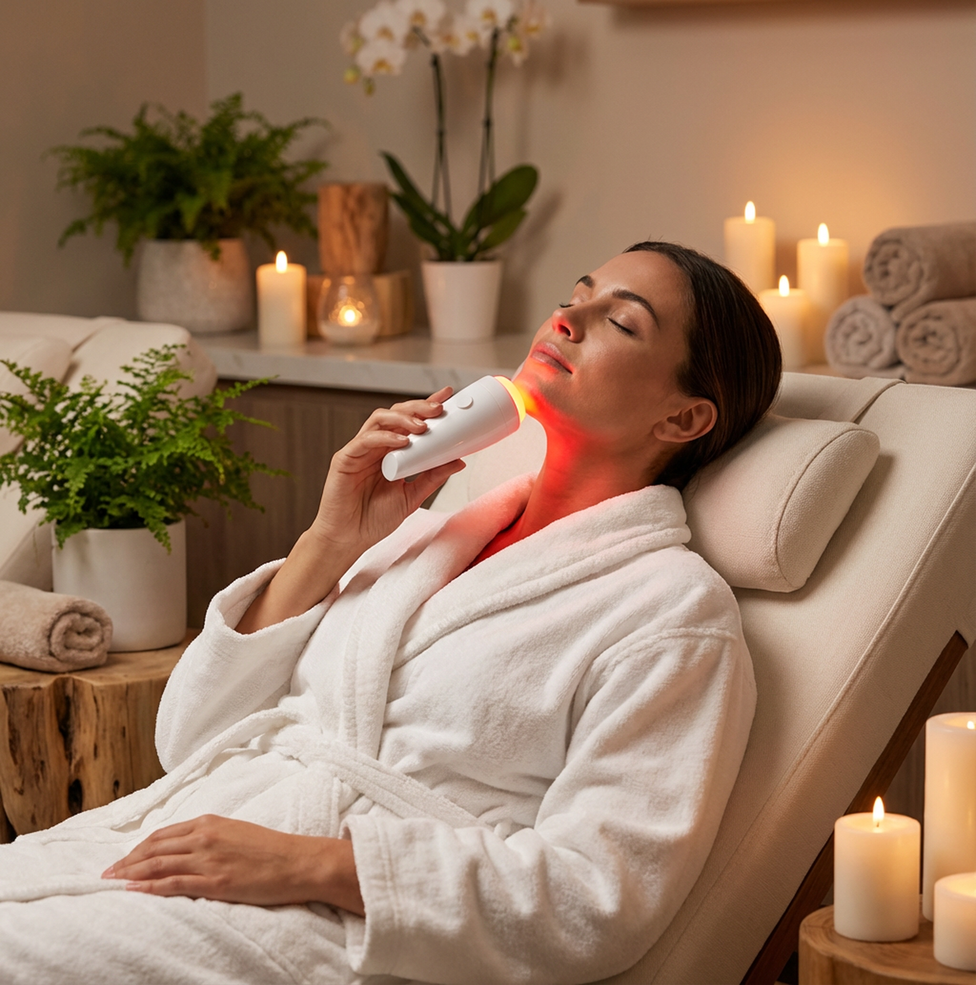Woman in a white robe receiving a facial treatment with red light therapy in a spa setting.
