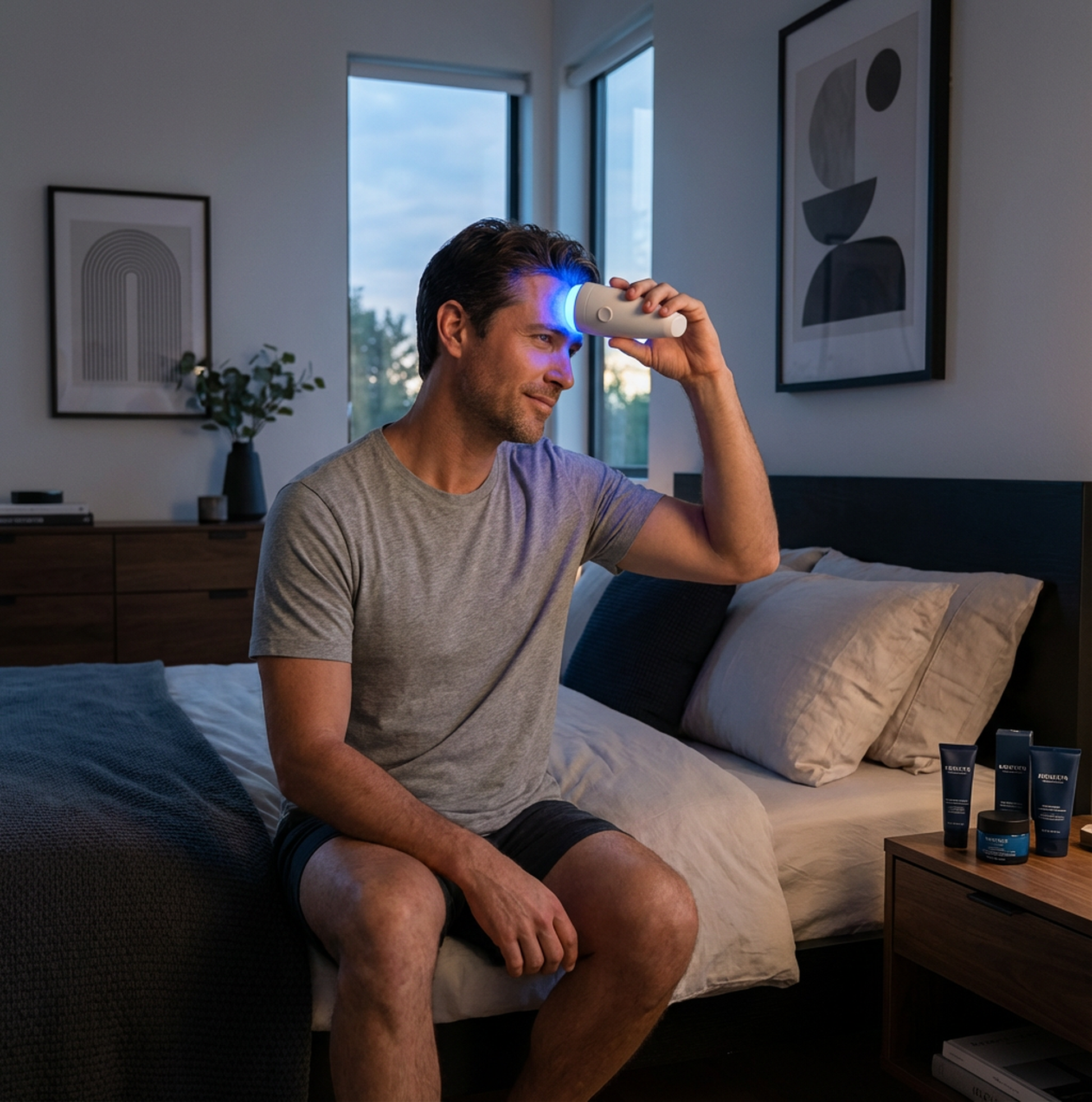 Man using a handheld device in a bedroom setting with visible skincare products on a nightstand.