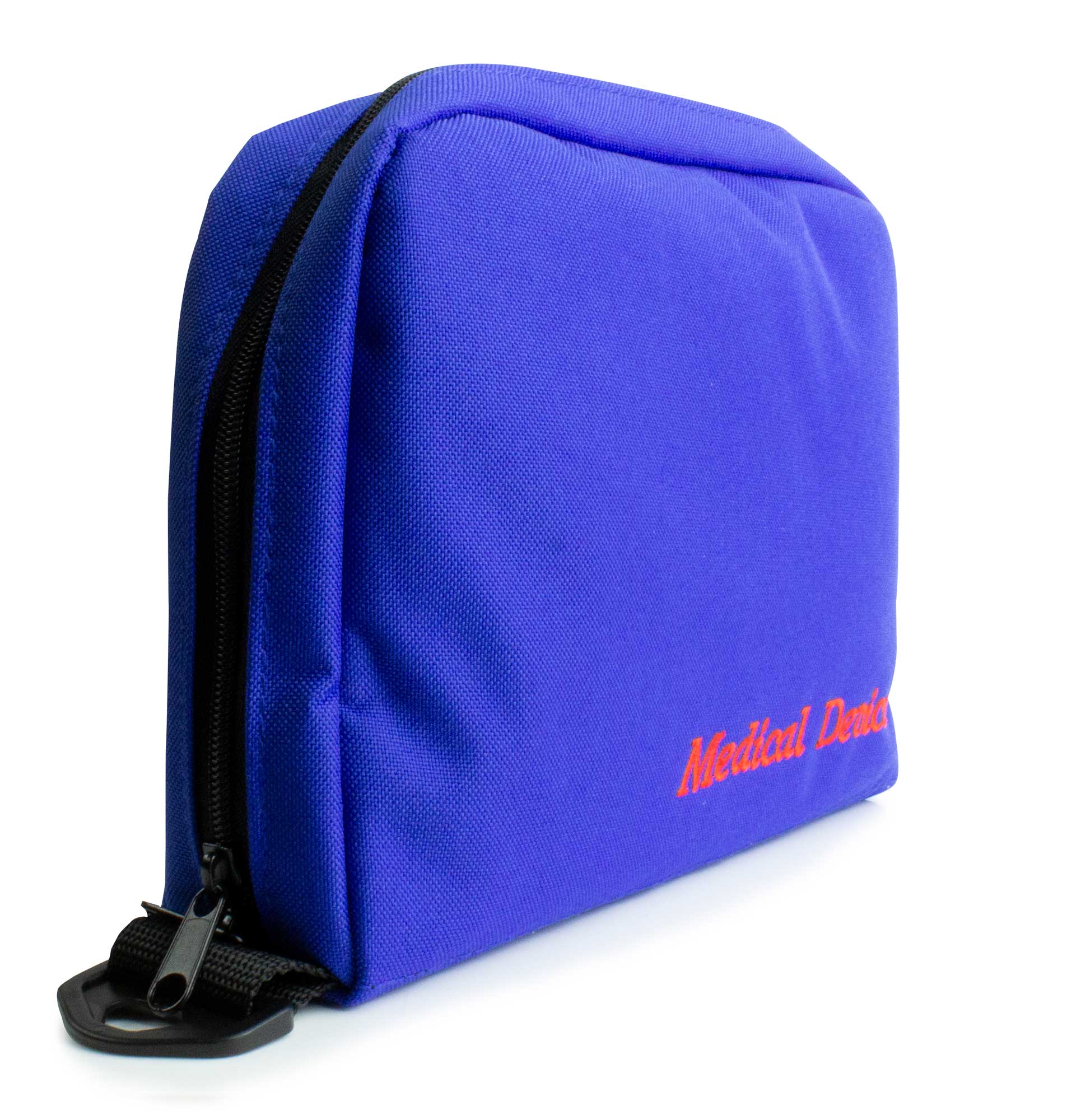 Blue medical device carrying case with red text on a white background