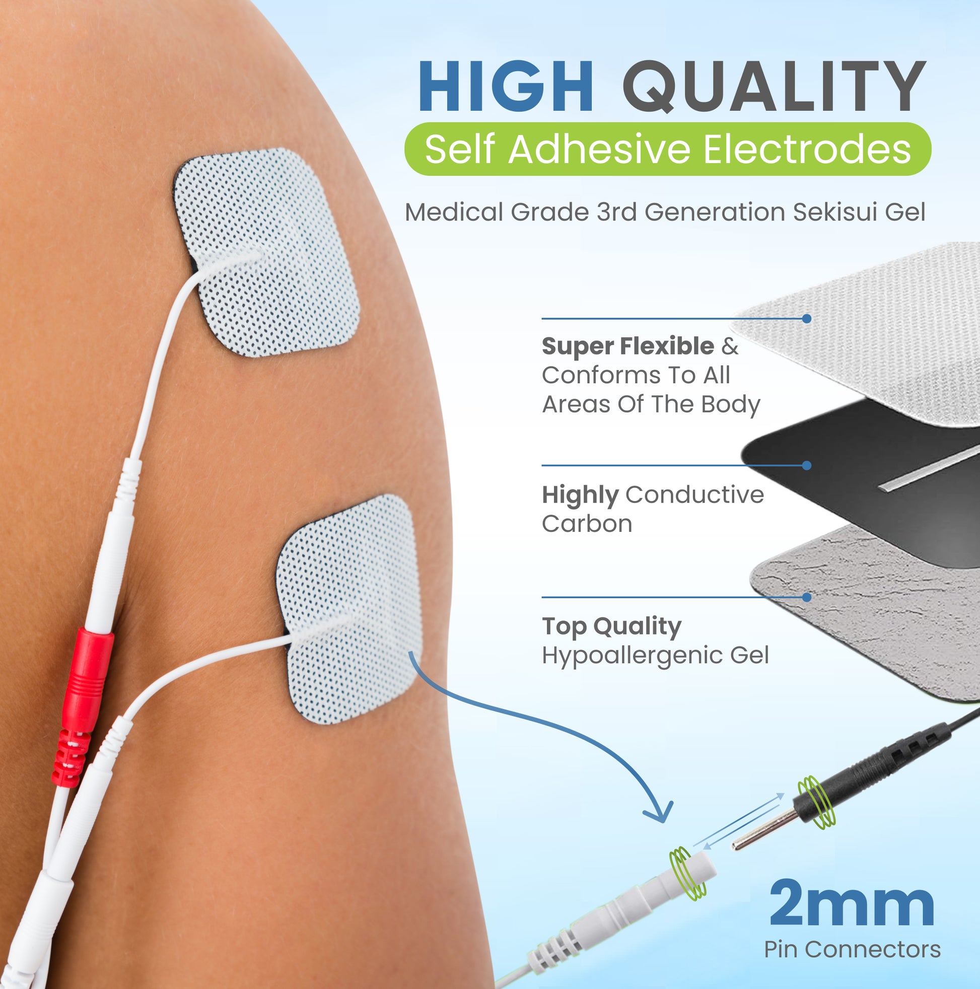 High quality self adhesive electrodes on a person's arm with product features highlighted.