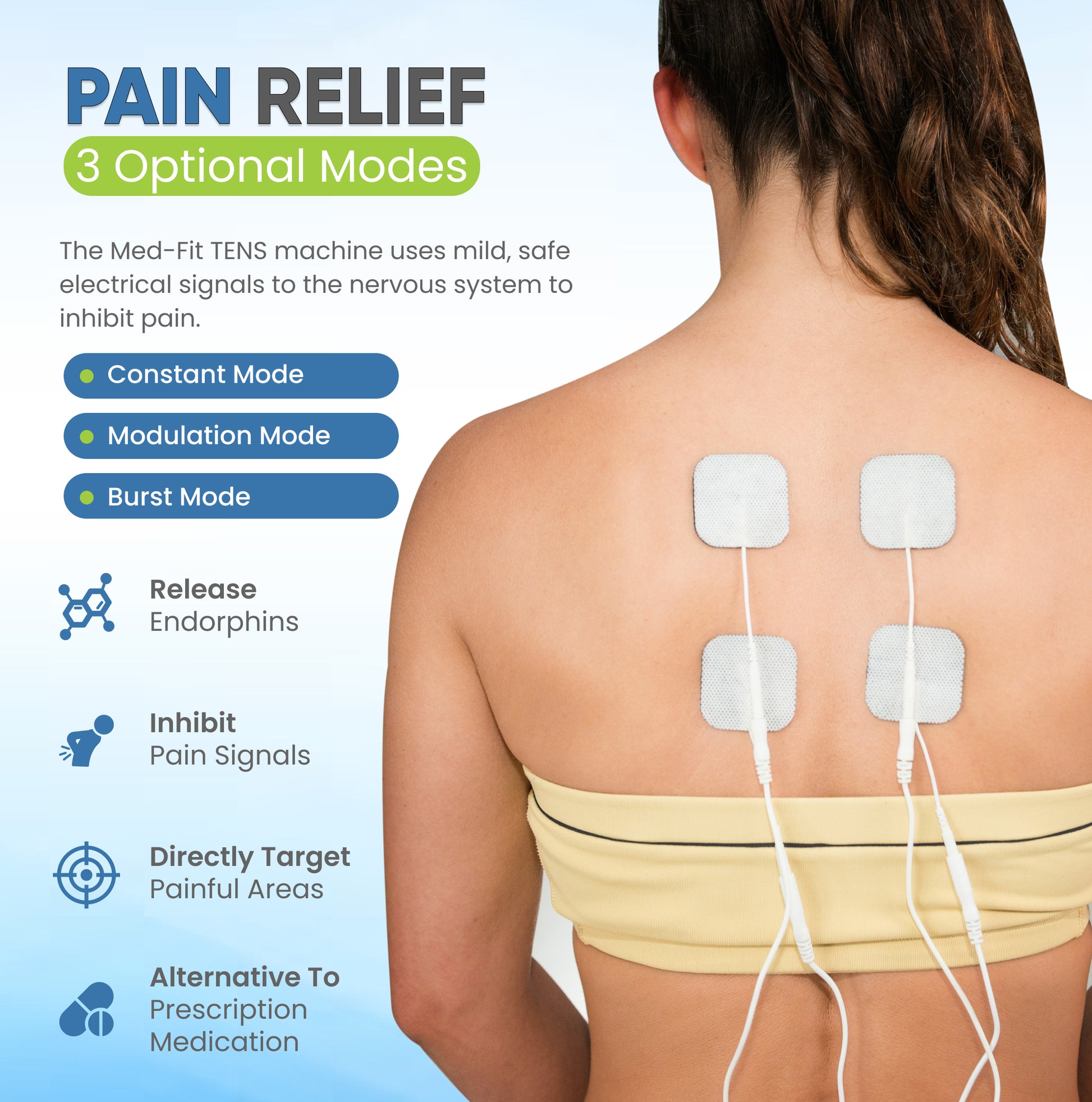 Woman with TENS machine on back, showing pain relief modes and benefits.