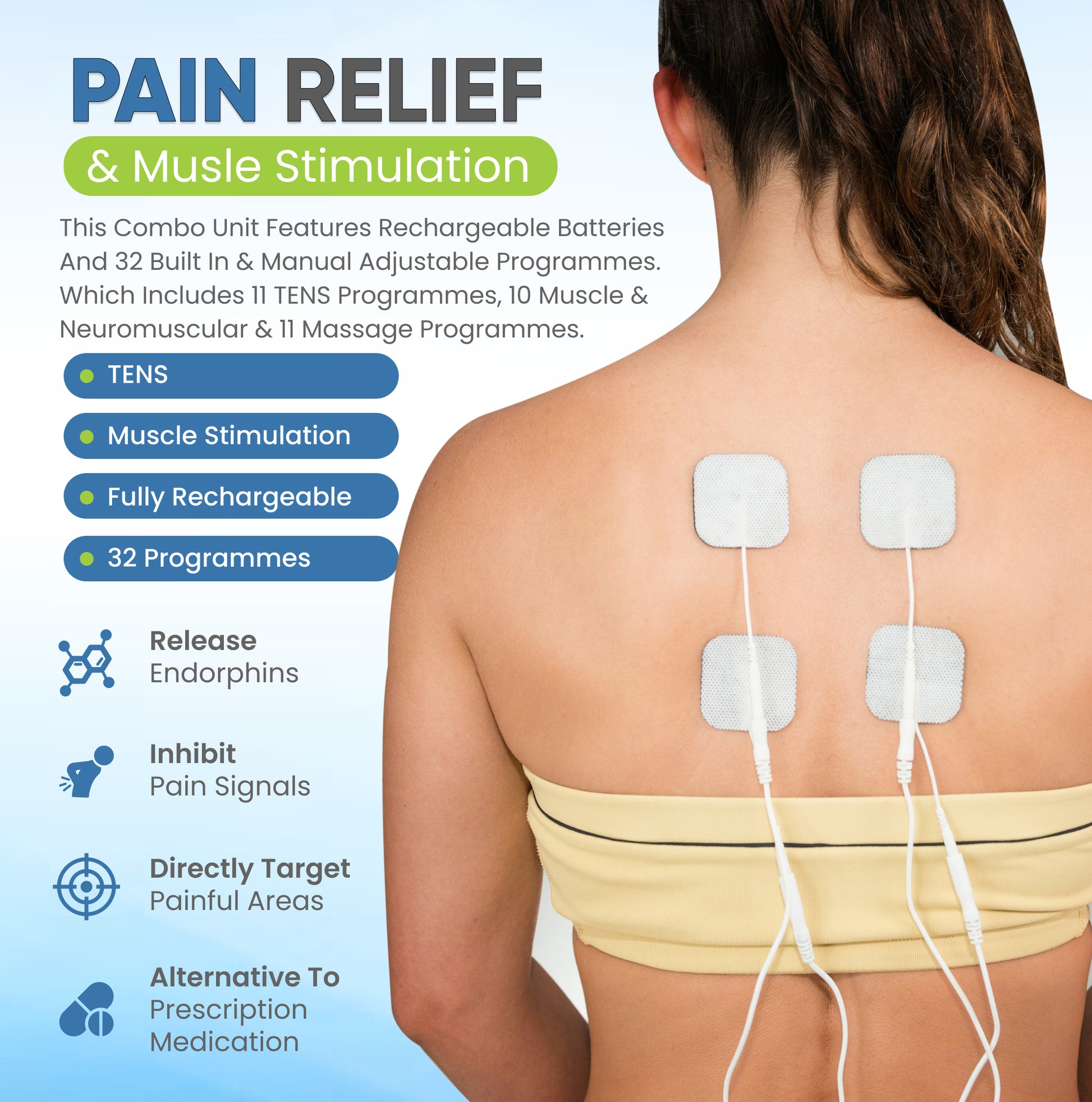 Person with electronic pain relief and muscle stimulation device on back, featuring text about product features.