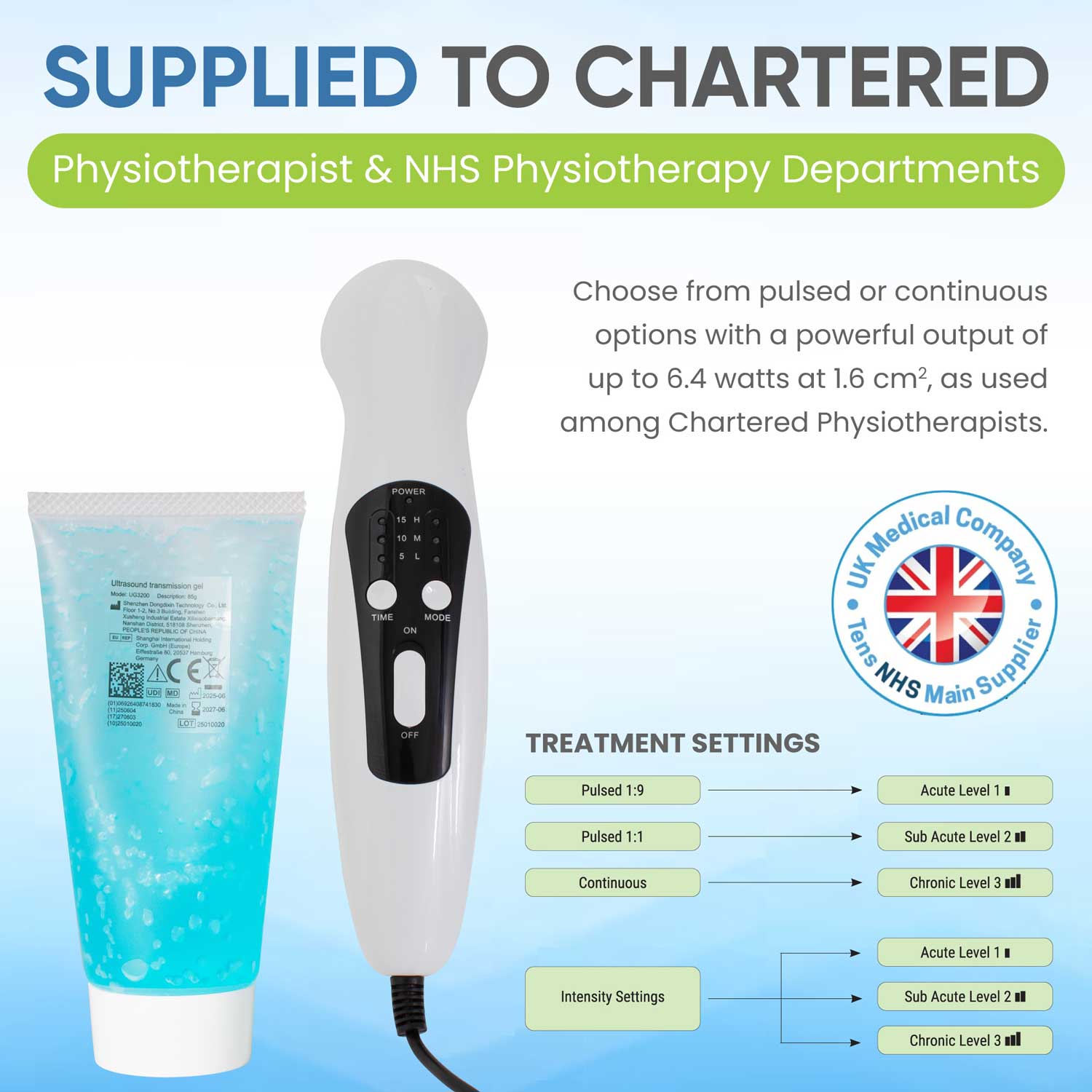 Physiotherapy device with gel pack and treatment settings on a blue background