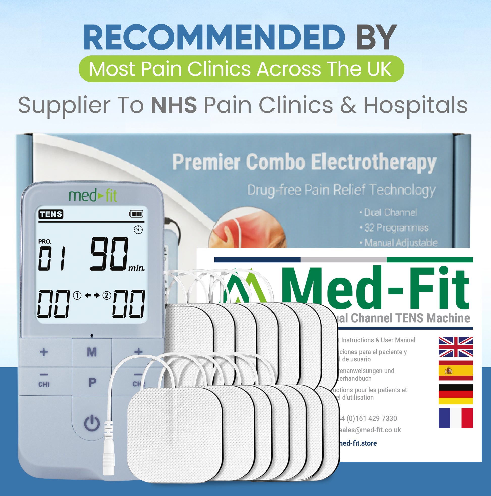 Med-Fit TENS machine with electrodes on a blue background, featuring text about pain clinics and NHS hospitals.