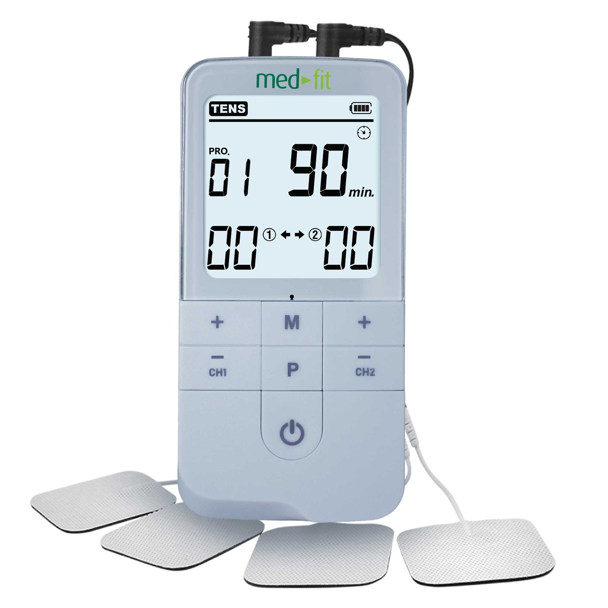 Med Fit TENS unit with digital display and electrode pads on a white background