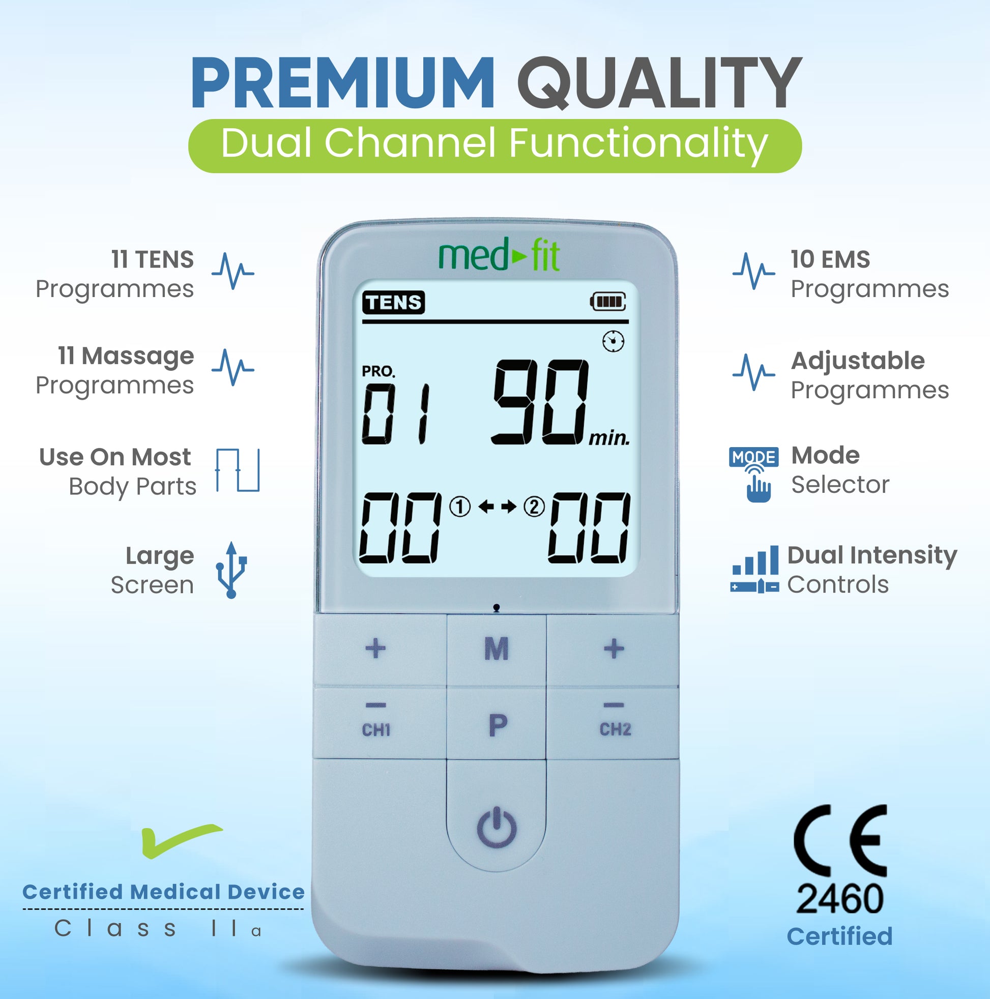 Med-fit TENS device with digital display on a light blue background