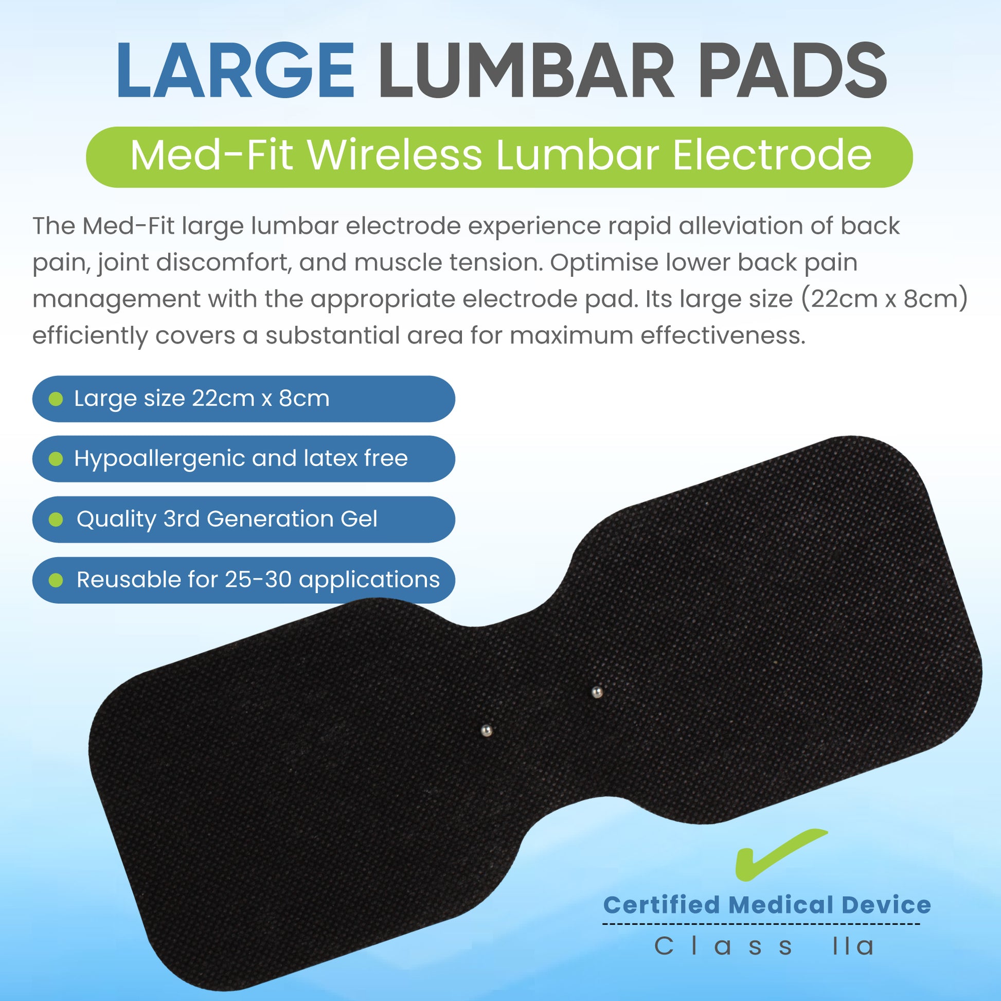 Large lumbar pad with product details on a blue background