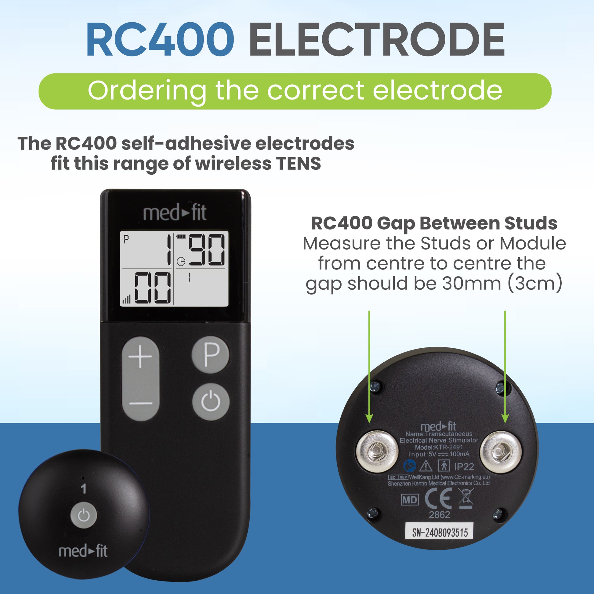Med-Fit RC340 self-adhesive electrode device with digital display and wireless TENS module on a blue background.
