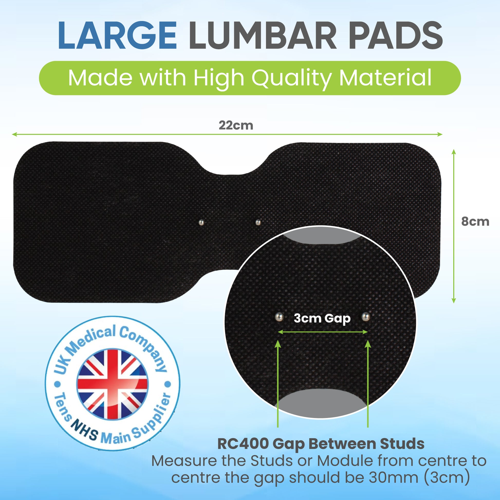 Large lumbar pad with measurements and material quality information on a blue background