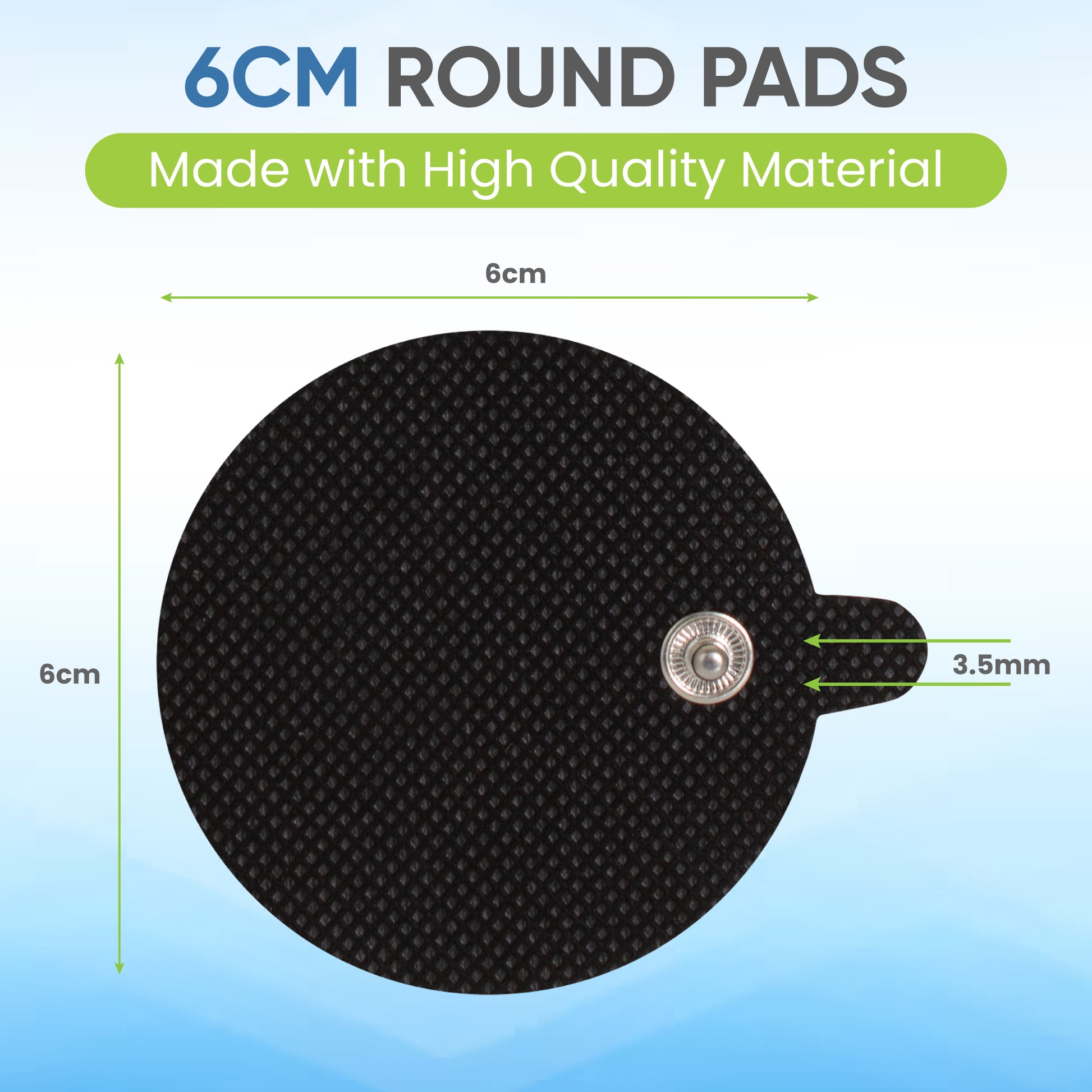 6cm round pad with dimensions and material quality text on a blue background