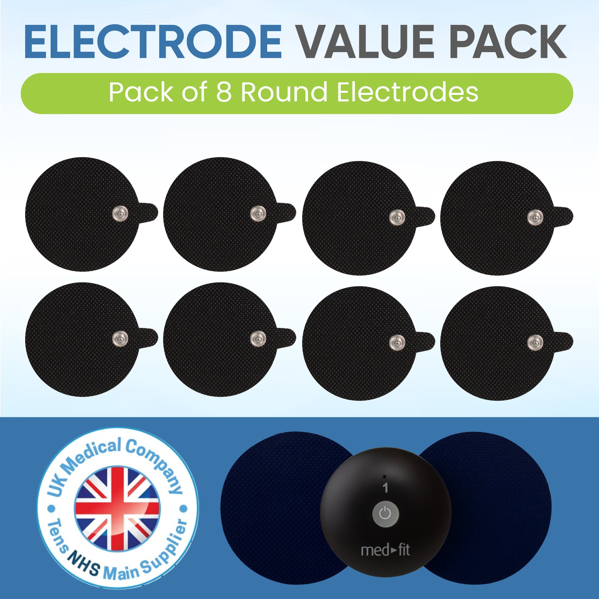 Pack of 8 round electrodes with branding on a blue and white background