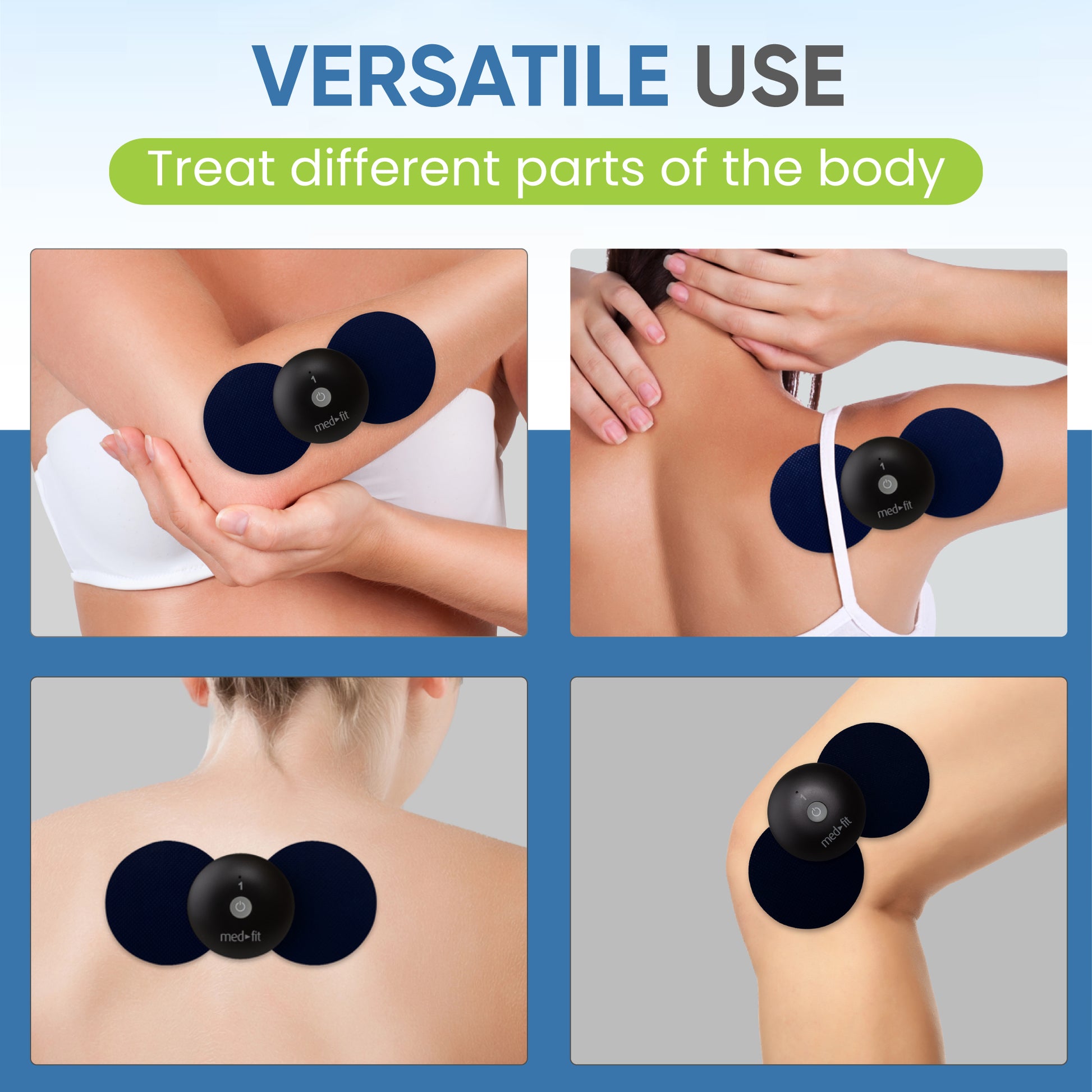 Electric muscle stimulator device being used on various parts of the body with text 'VERSATILE USE' and 'Treat different parts of the body'.