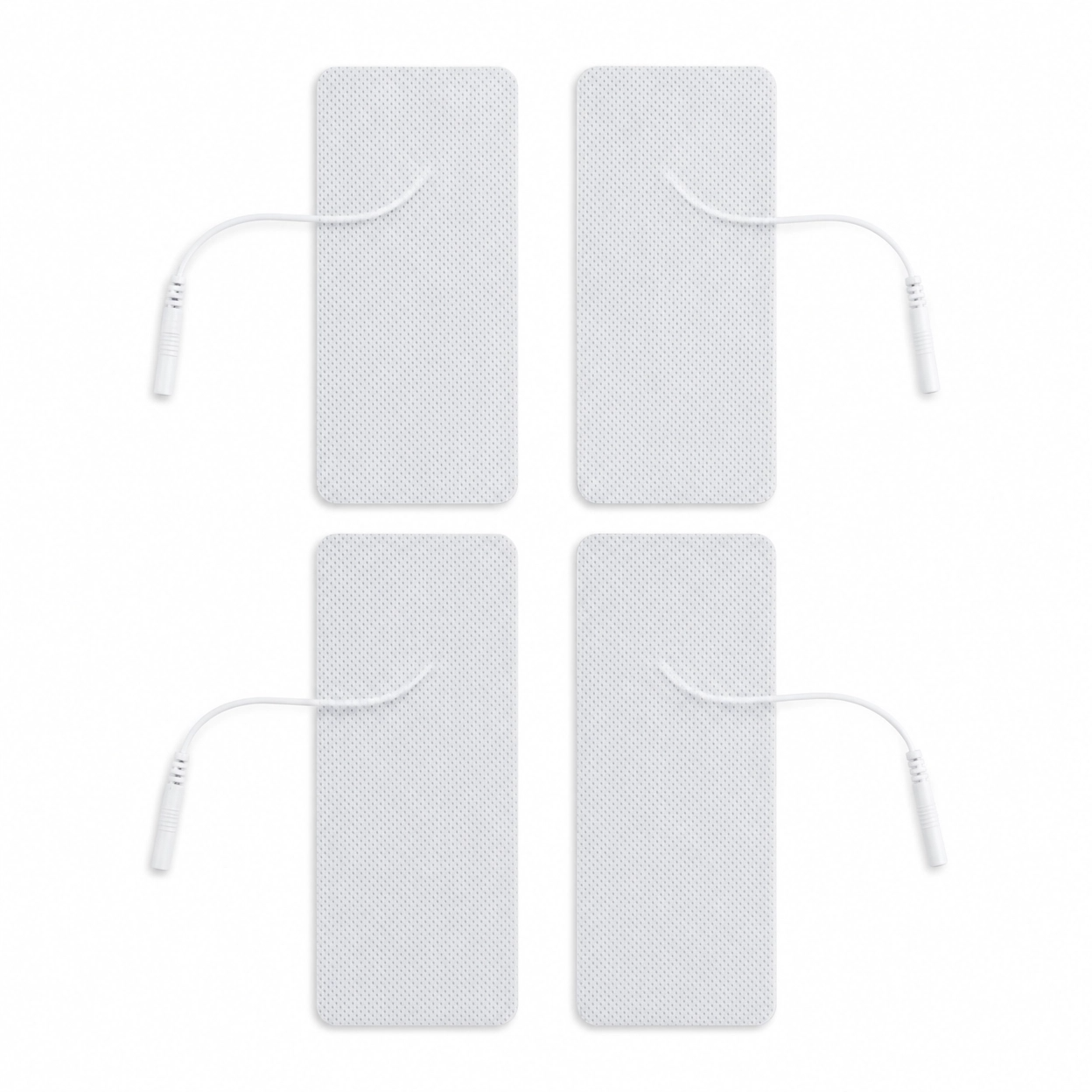 Four white rectangular electrodes with leads on a white background