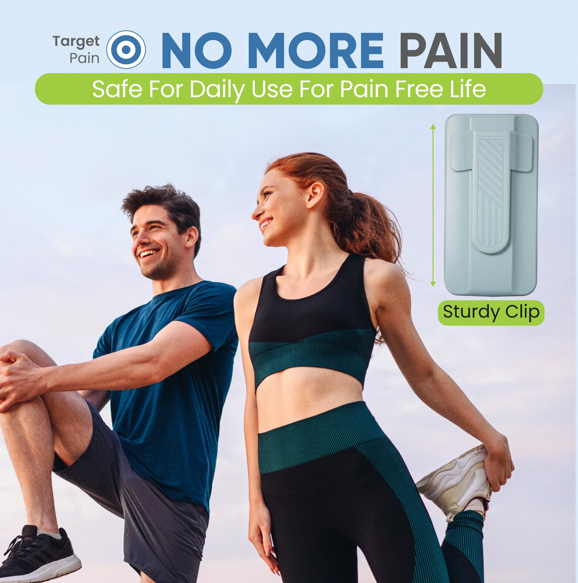 Two people exercising outdoors with a product labeled 'Sturdy Clip' on a clear sky background.