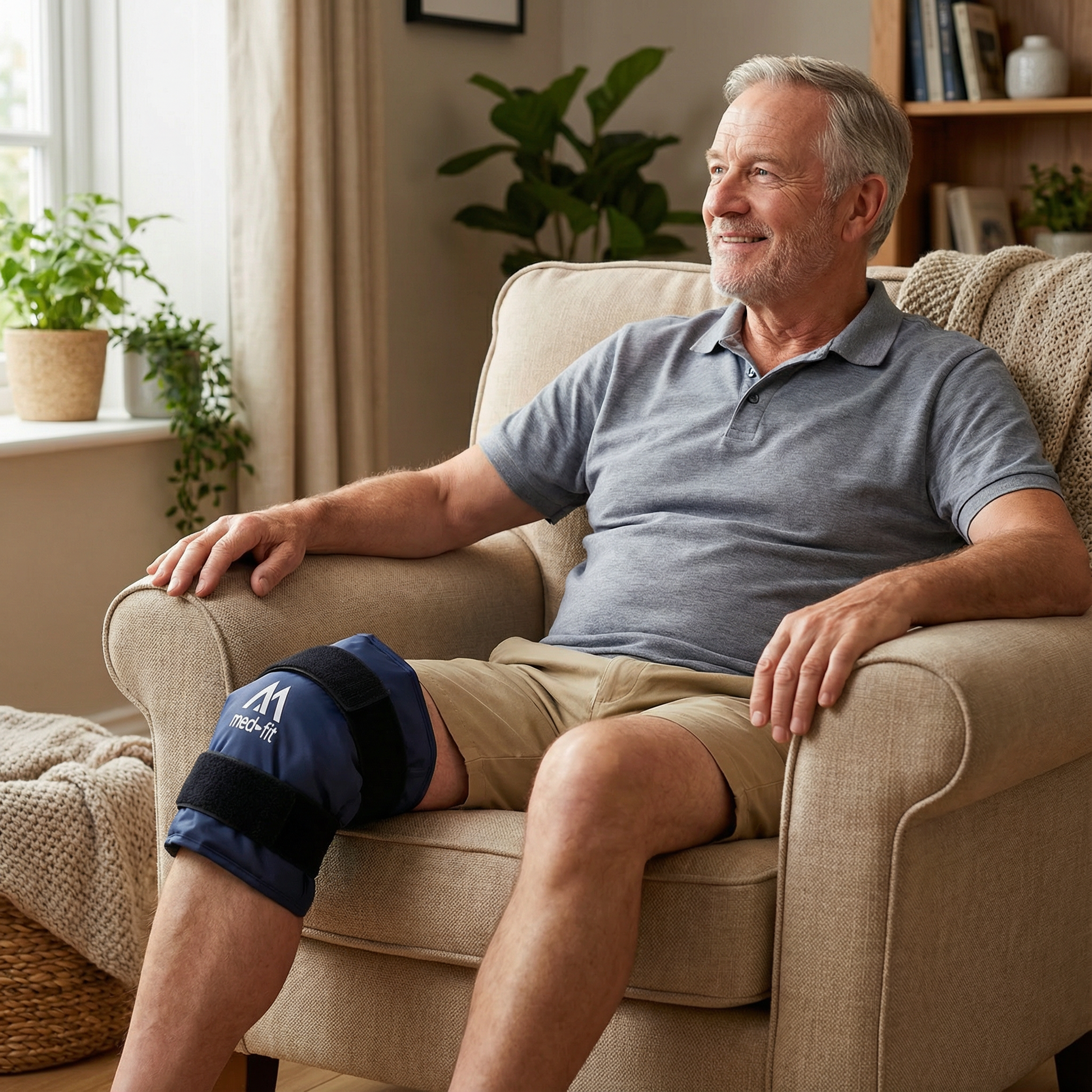 Man sitting on a couch wearing a knee brace in a home setting
