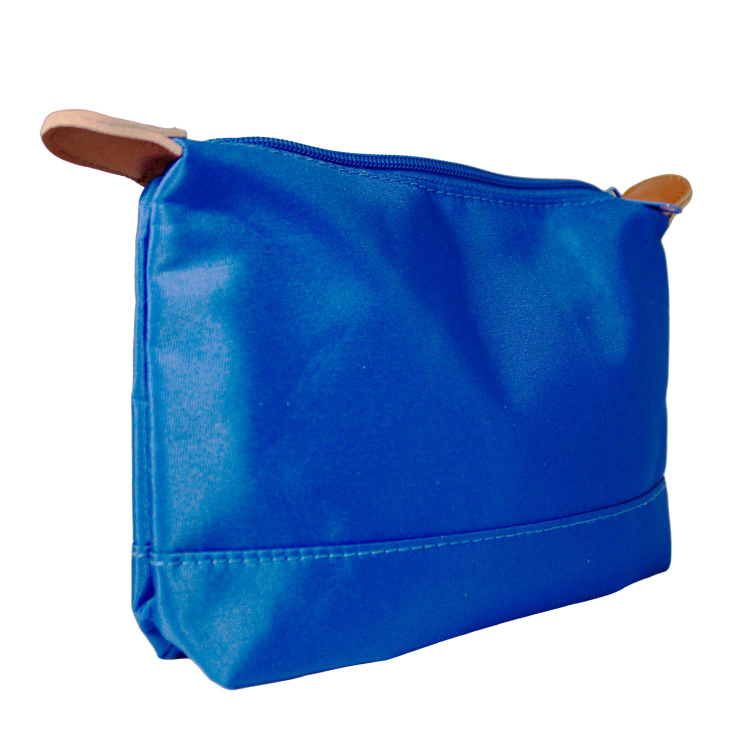 Blue pouch with brown handles on a white background