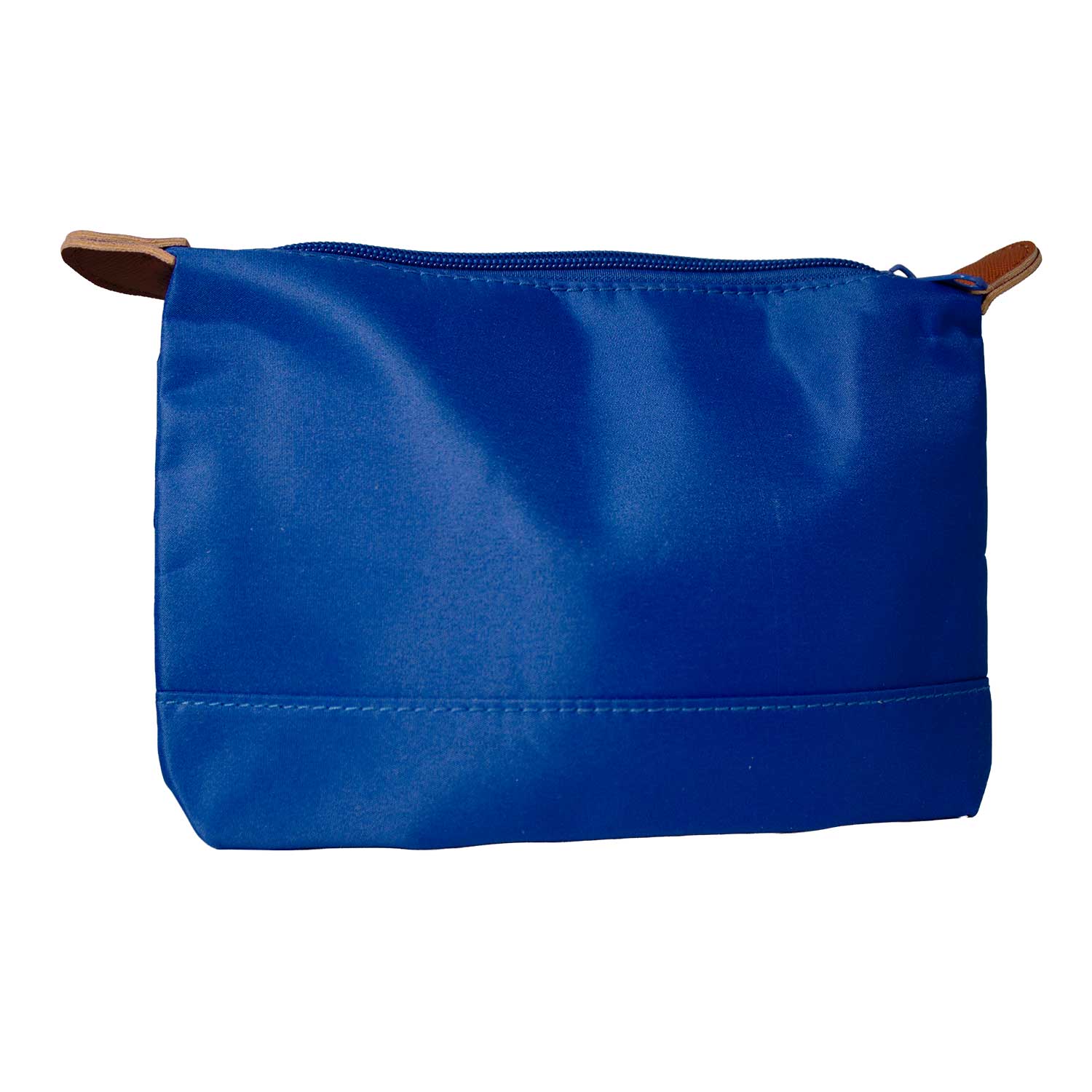 Blue pouch with brown handles on a white background