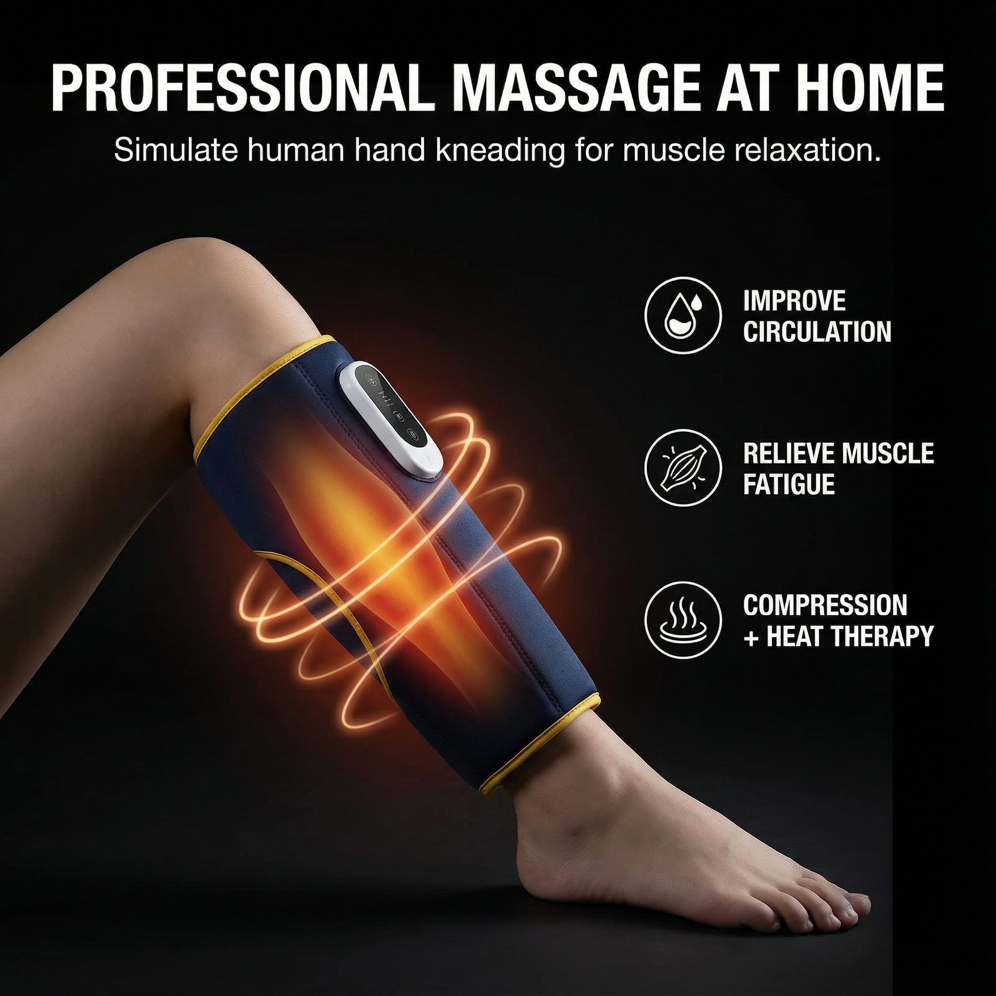 Leg with a massage device on a dark background, highlighting features like circulation improvement and muscle relief.