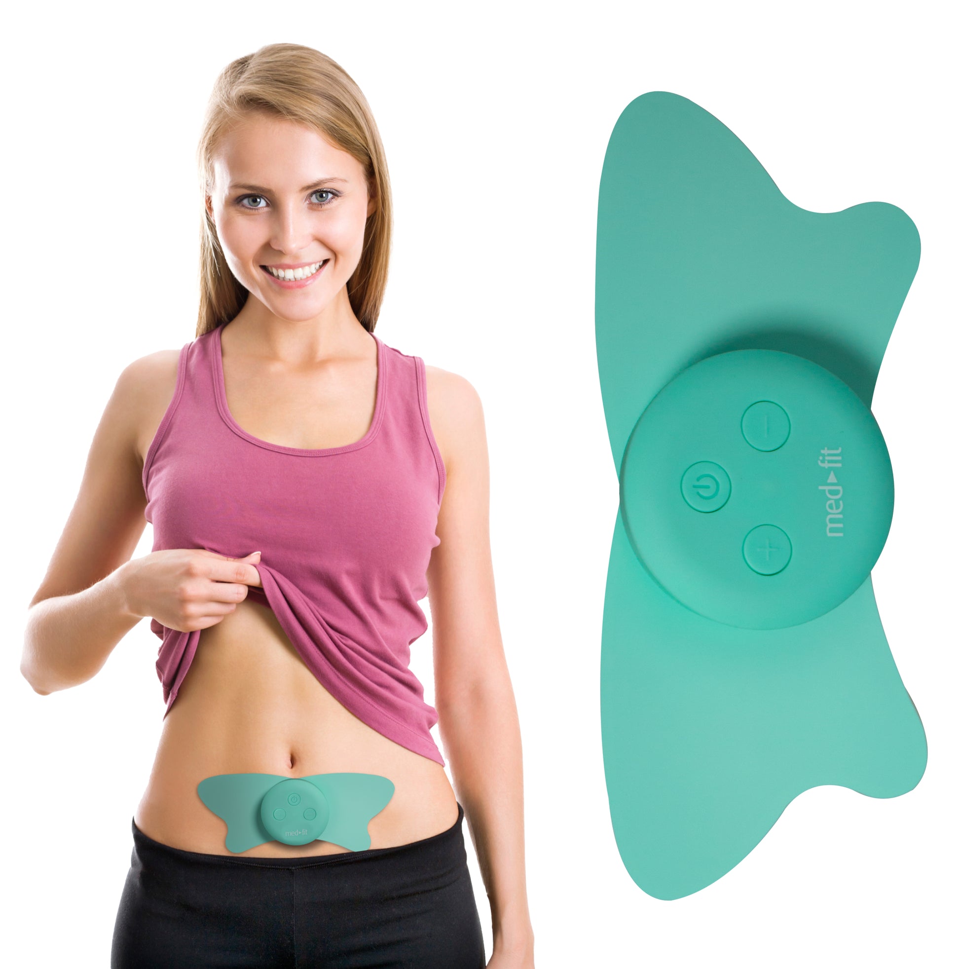 Woman wearing a pink tank top with a green electronic device on her abdomen, next to a close-up of the device.
