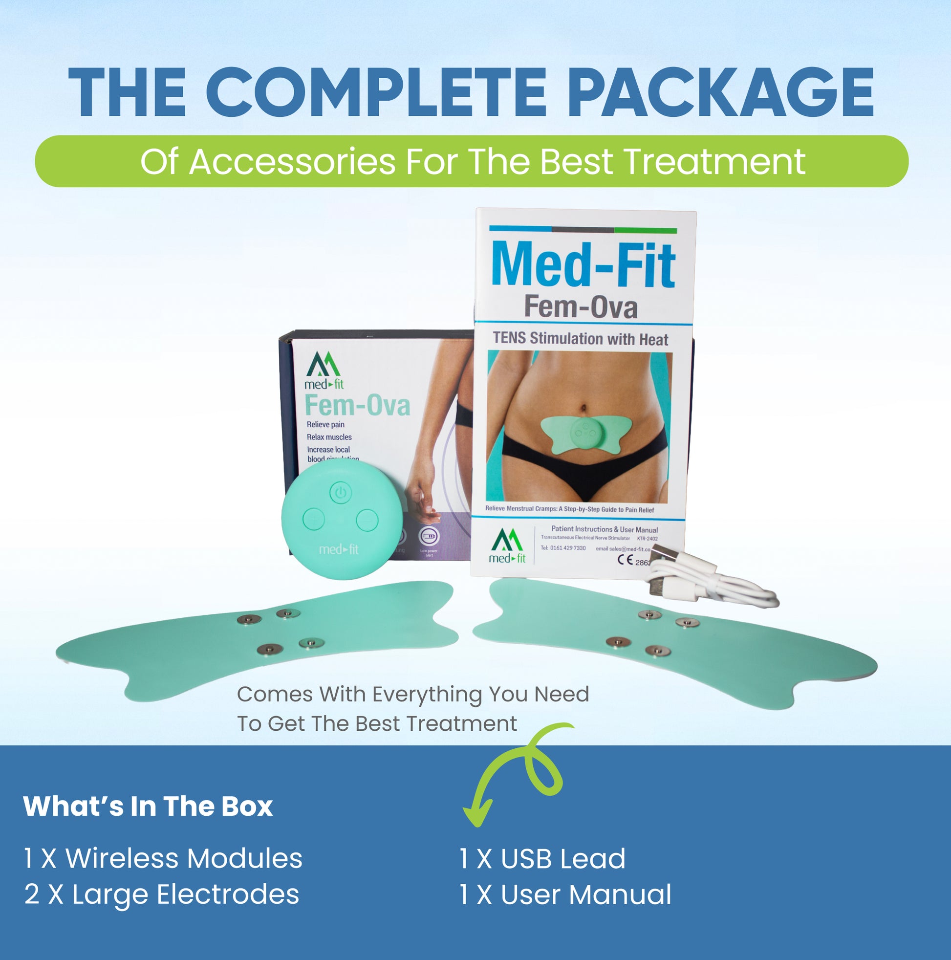 Med-Fit Fem-Ova TENS stimulation device packaging with accessories on a blue and green background.