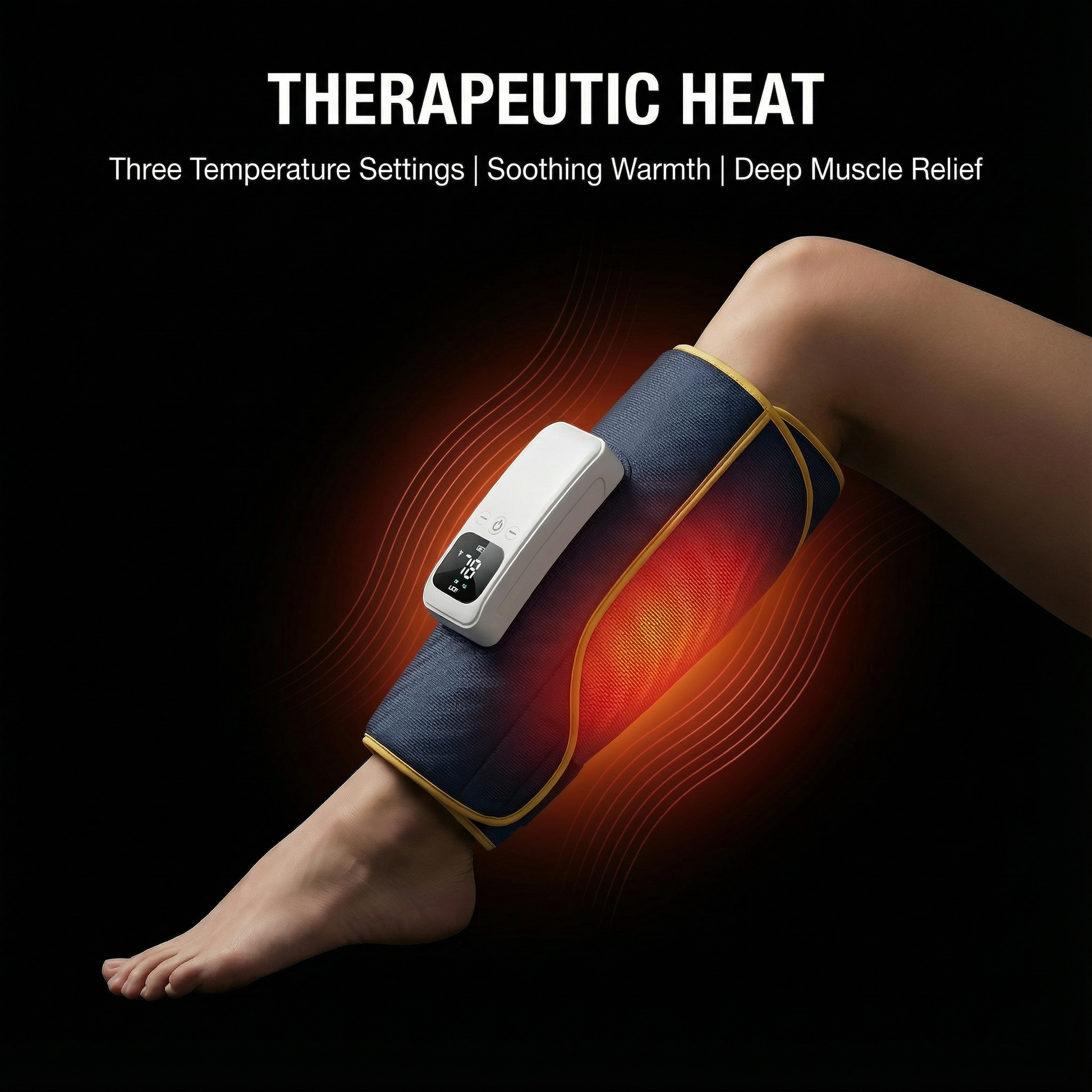 Therapeutic heat device on a leg with glowing effect, labeled 'Therapeutic Heat' and 'Three Temperature Settings'.