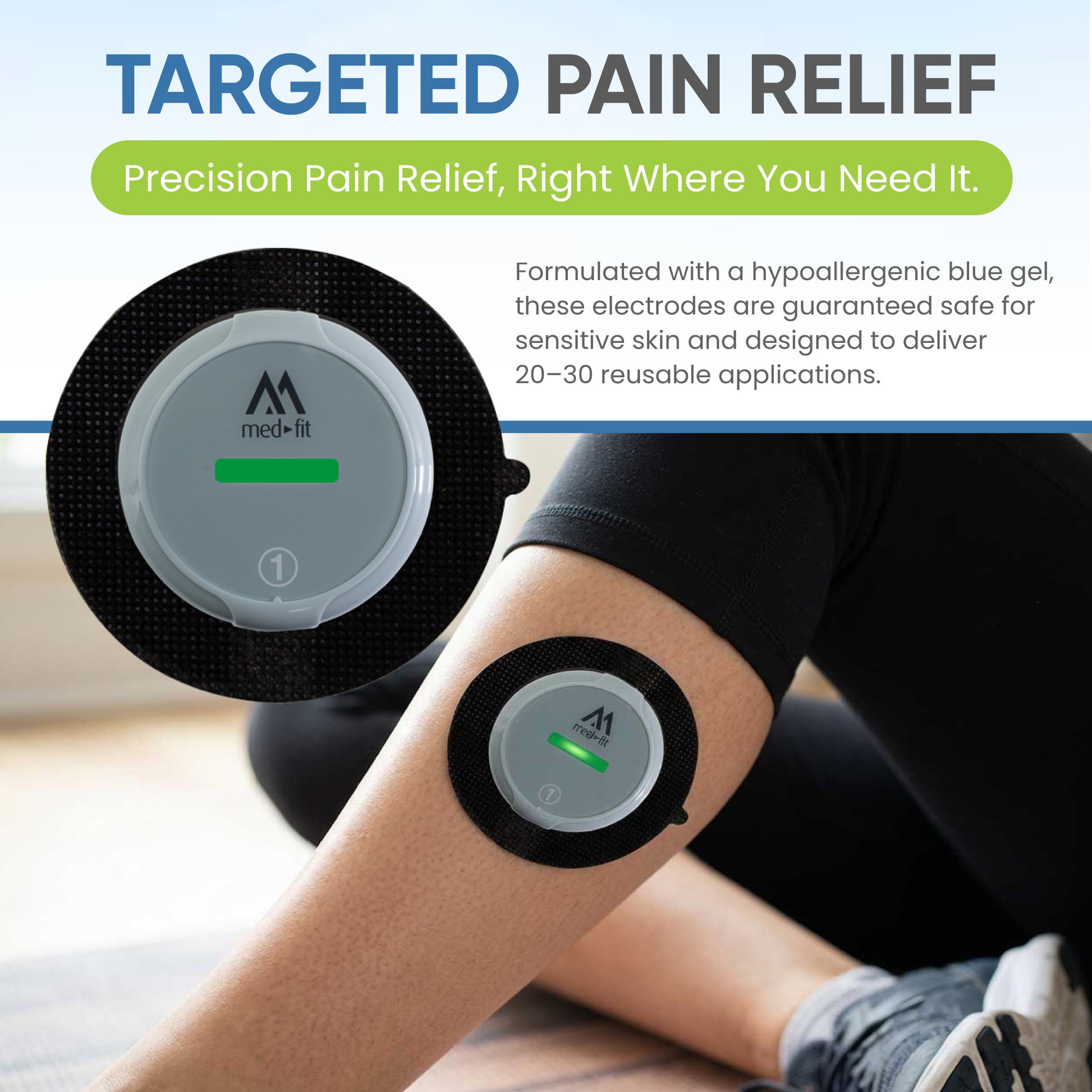 Electrodes for targeted pain relief on a person's arm with 'MedFit' branding.