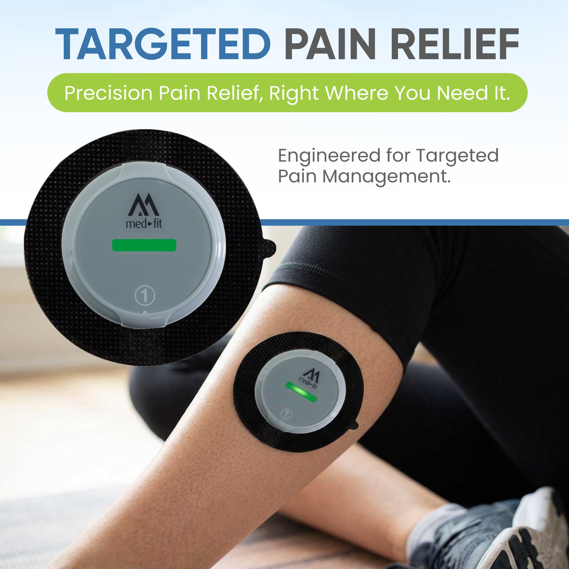 Med-fit device on a person's arm with text about targeted pain relief.