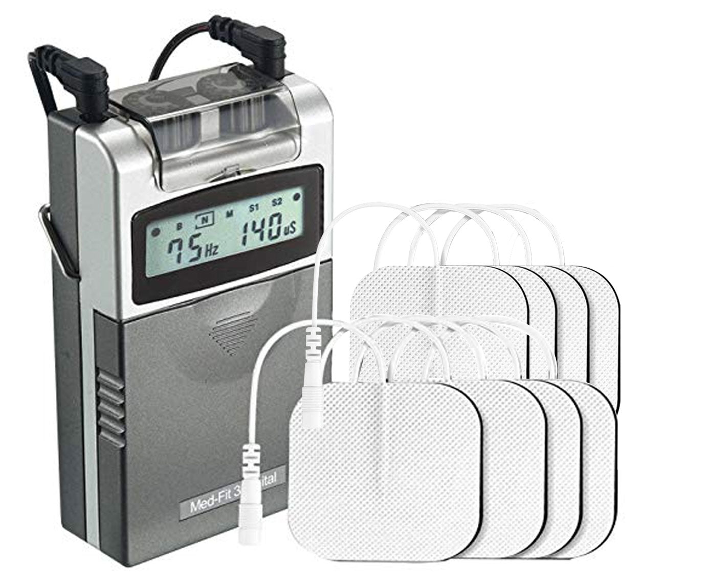 Electrotherapy device with digital display and multiple electrode pads on a white background