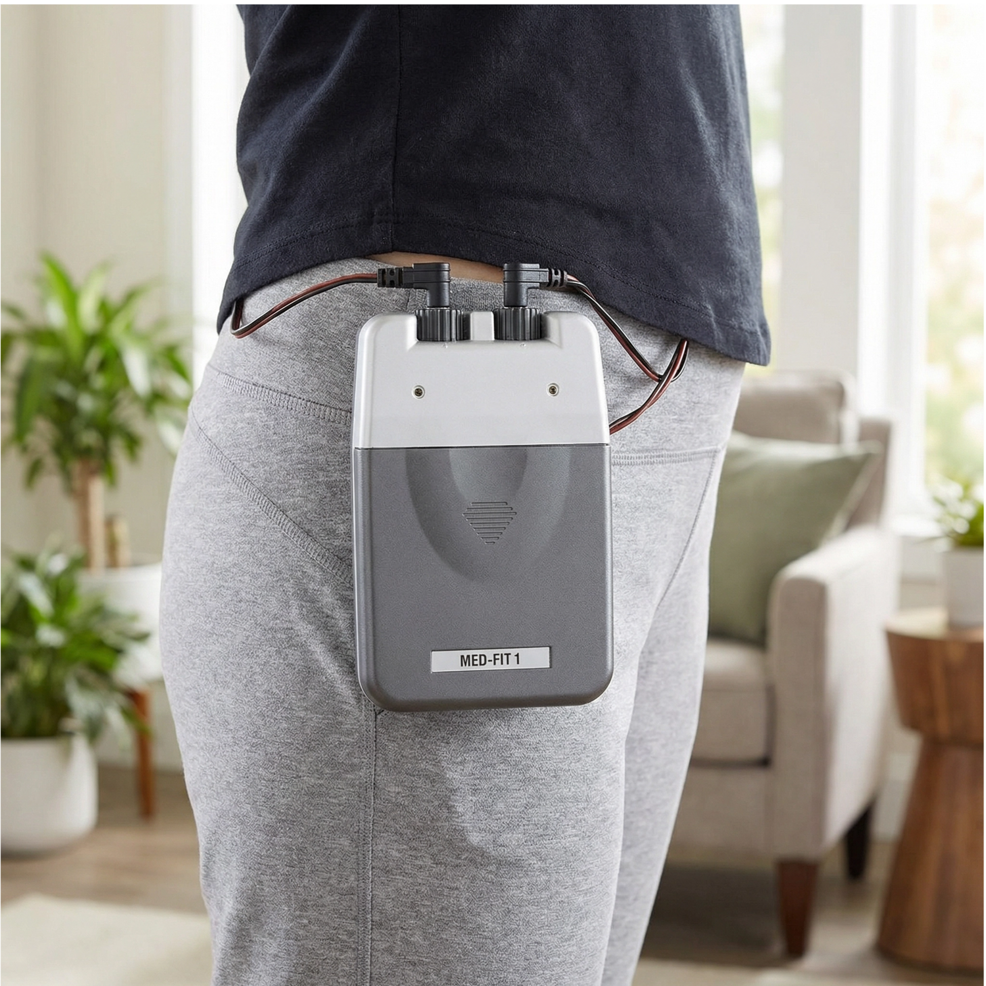 Person wearing a device labeled 'MED-FIT 1' in a home setting