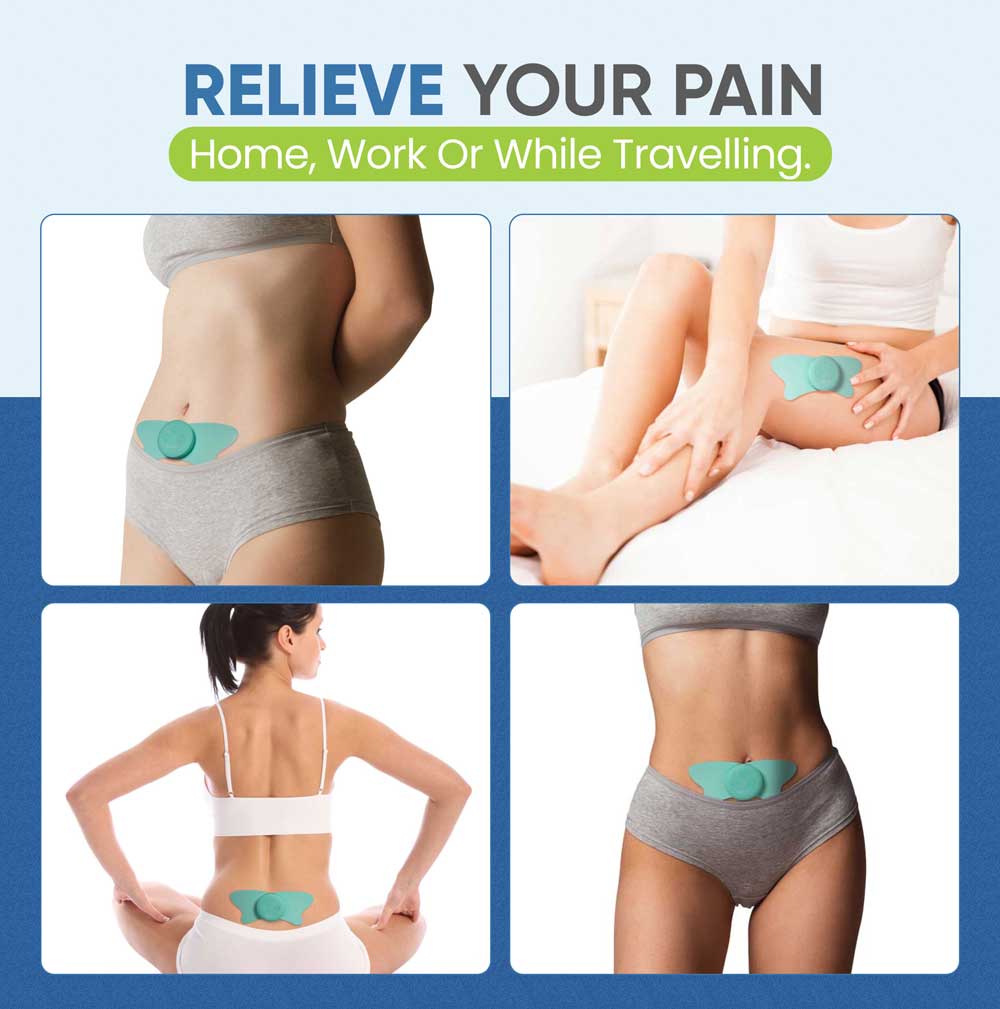 Product advertisement showing a device worn on underwear with text 'Relieve Your Pain' and usage scenarios.