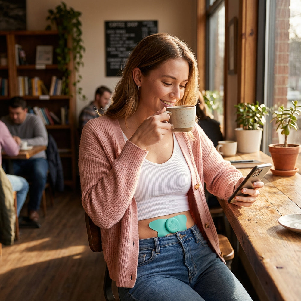 woman drinking a coffee in the shop whilst using a fem ova tens machine to help relieve period pain 