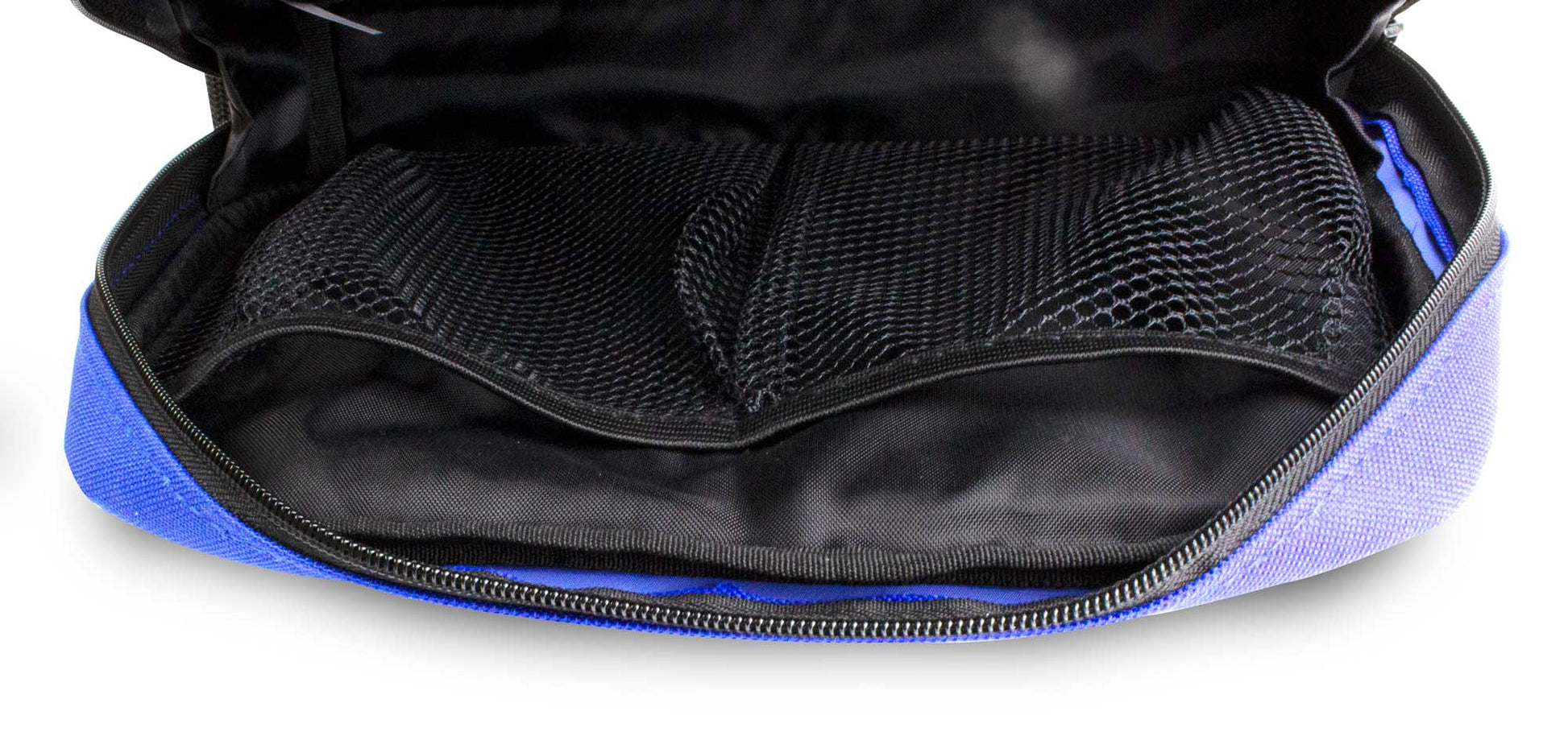 Black mesh pouch inside a blue and black bag on a white background