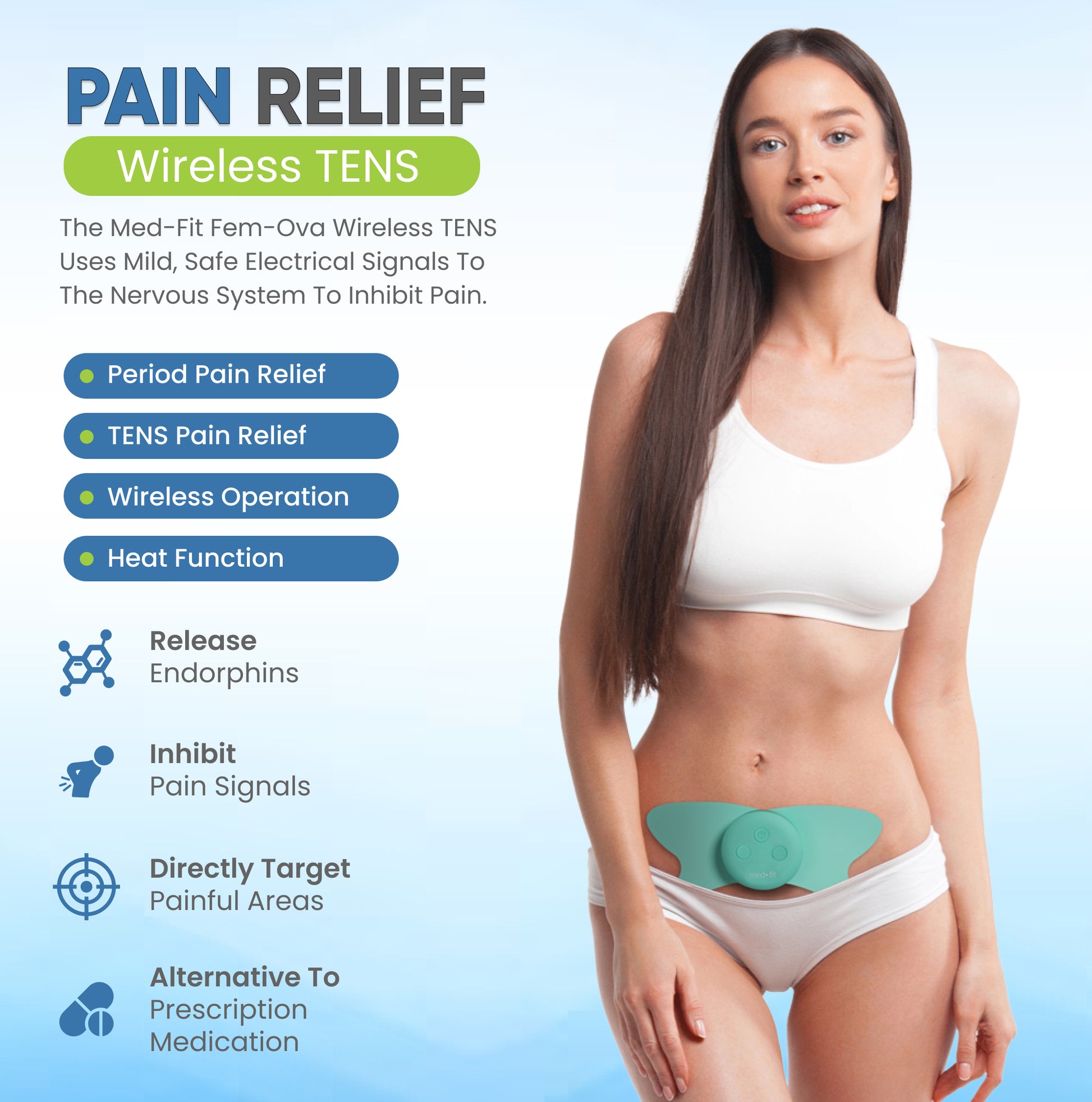 Woman wearing a wireless TENS device for pain relief on a light blue background
