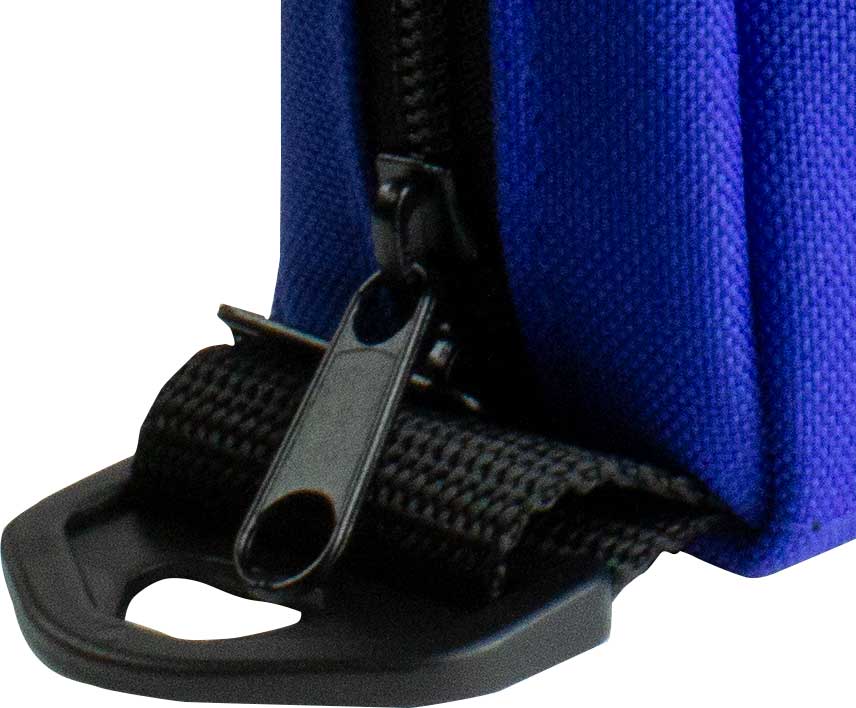 Close-up of a black zipper pull on a blue fabric background